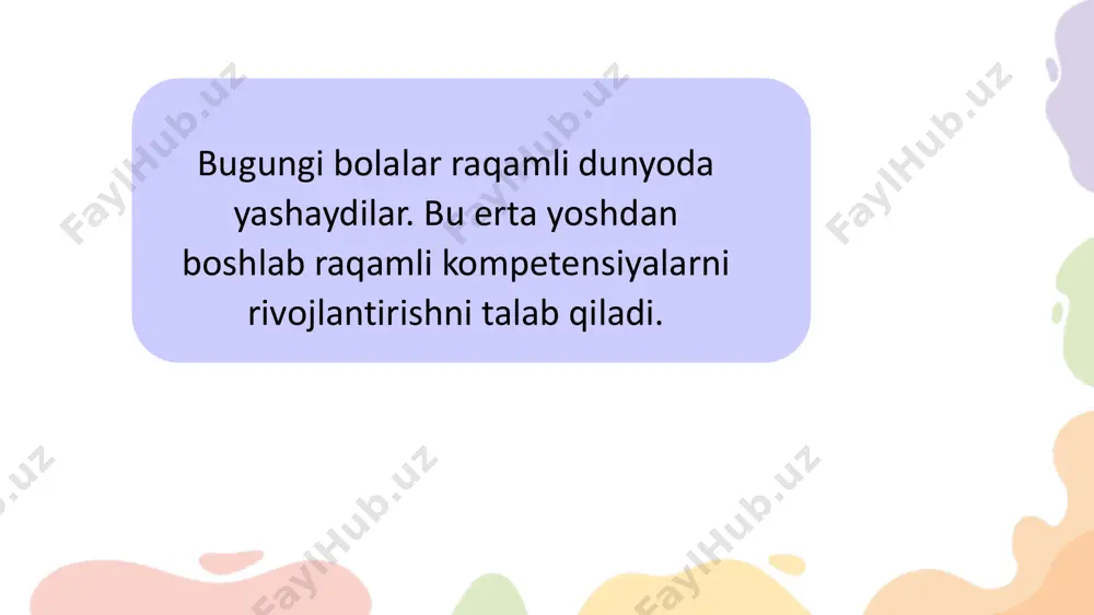 ing faoliyat ko‘rsatishi sharoitida jamiyat talablariga javob beradigan shunday shaxsiy fazilatlarni shakllantirish, xususan, raqamli texnologiyalar asoslarini egallashdan iborat. kompetentsiya, xususan: shartli belgilar: tashkiliy vaqt motivatsiya yangi mavzuni tushuntirish interaktiv frontal mustahkamlash (darslikdagi topshiriqlarga muvofiq, savollar beradi) didaktik o‘yin (sezgilar lottosi, obyektni taxmin qiling) mustahkamlash qiziqarli o'rganish usullari (topishmoq, rebus, anagramma) darsning qisqacha mazmuni (refleksiya, uy vazifasi) “i nf or m at ik a va ax bo ro t te xn ol og iy al ar i” f an in io ‘q it is h m et od ik as i. 1) muammoli ta’lim; 2) masalalarni muhokama qilishda o‘quvchilarning hayotiy tajribasiga tayanish (talabalar o‘z tajribasidan kelib chiqib misollar keltiradi); 3) guruhda va individual ishlash; 4) blum taksonomiyasi bo‘yicha bilim, ko‘nikma va malakalarni bosqichma-bosqich shakllantirish; 5) ko‘ngilochar o‘qitish usullariga tayanish (maqol, anagramma, krossvord va boshqalar); 6) loyiha faoliyati; 7) har bir dars yakunida o‘quvchi yutuqlarini tahlil qilish va o‘rganish uchun fikr yuritish. …