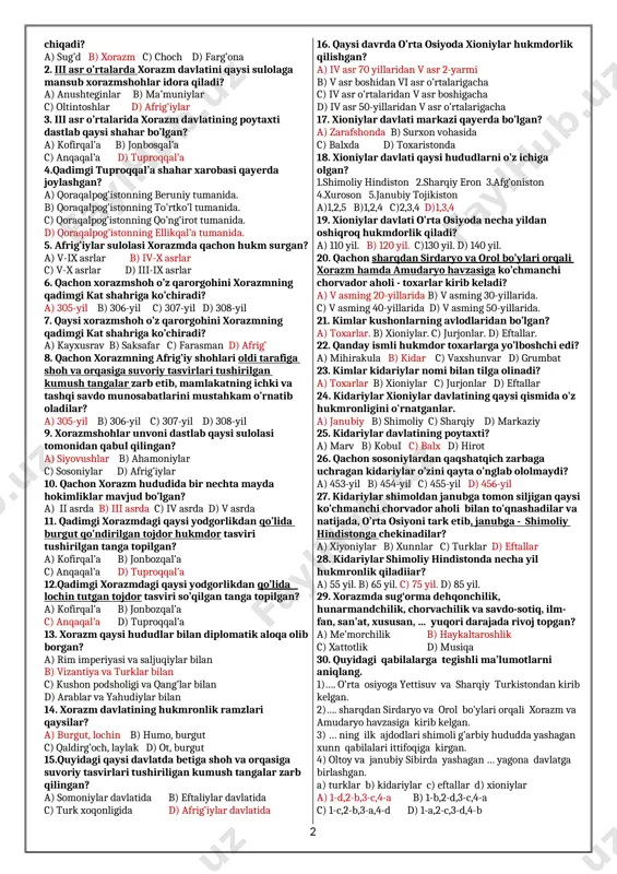 y qilindi; 8) katta yer egaligiga asoslangan mulkdorlar tabaqasi shakllandi. a) 2,4,6,8 v) 1,3,6,8 c) 1,2,4,6,7,8 d) 1,3,5,7 8.ilk o‘rta asrlarda o‘rta osiyoda qay tariqa katta yer egaligiga asoslangan mulkdorlar tabaqasi shakllandi? a) dehqonlarning yerga ishlov berishi natijasida yirik mol-mulkka ega bo'lib qolishi natijasida b) nufuzga ega bo‘lgan mulkdorlar qo‘liga yangi yer maydonlarning ma’lum bir ulushining o'tishi va merosiy mulkiga aylanishi natijasida c) chorvadorlarning ko'psonli chorvalarini boqqan yerlariga ega bo'lib qolishi natijasida d) dehqonlarning shahar va qishloqlarda hashamatli qasr va saroylarga ega bo‘lib qolishi 9.ma’lumki, ilk o‘rta asrlarda sarkorlar o‘zlariga tegishli yer maydonlarini sug‘orish tarmoqlarining yuqori qismidan, ayniqsa to‘g‘on boshi atrofidan ajratib olar edilar. bu yo‘l bilan ular qanday imkoniyatlarga ega bo’lardilar? a) barcha sug‘orish inshootlarini egasi bo‘lish b) suv taqsimotini nazoratga olib, qishloq ziroatkor mehnatkashlarining yerlariga yetarlicha suv yetkazib berish va dehqonchilikda faqat o‘zlari uchun suvdan bemalol foydalanish c) suvdan dehqonchilikda bemalol foydalanish, suv taqsimotini nazoratga olib, qishloq aholisi …