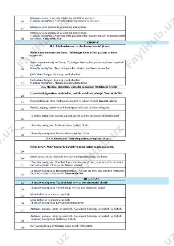 si 12 go‘shtdan tayyorlanadigan yarimfabrikatlar. yarimfabrikatlarni saqlanishiga qo‘yiladigan sanitari-gigiena talablari. tiftel yoki kotlet tayyorlash texnologiyasi. 4-amaliy mashg‘ulot. frikadelka tayyorlash texnologiyasi. kartoshkadan kotlet tayyorlash 13 baliq va dengiz mahsulotlaridan taom tayyorlash baliq turlari haqida 14 5-amaliy mashg‘ulot. mimoza salatini tayyorlash texnologik xaritasini tayyorlash ii bob. materiallarga ishlov berish texnologiyasi (38 soat) ii.1. umumiy tushunchalar (4 soat) 15 kimyoviy tolalar. kimyoviy tolalarning olinishi va xossalari. jadvalni chizish 16 kimyoviy tolalar. kimyoviy tolalarning olinishi va xossalari. 6-amaliy mashg‘ulot. kimyoviy tolalarning olinishi va xossalari gazlamalardan kolleksiya 17 kimyoviy tolali gazlamalar va ularning xususiyatlari. mavzuni o'qib kelish 18 kimyoviy tolali gazlamalar va ularning xususiyatlari. 7-amaliy mashg‘ulot. kimyoviy tolali gazlamalardan “kuz ne’matlari” kompozitsiyasini tayyorlash. nazorat ishi №2 guldasta tayyorlash ii chorak ii.2. asbob-uskunalar va ulardan foydalanish (4 soat) 19 kiyim haqida umumiy ma’lumot. tikiladigan kiyim uchun gazlama va fason tayyorlash. kiyim klassifikatsiyasini o'rganish 20 kiyim haqida umumiy ma’lumot. tikiladigan kiyim uchun gazlama va fason tayyorlash. tayyorlash. …