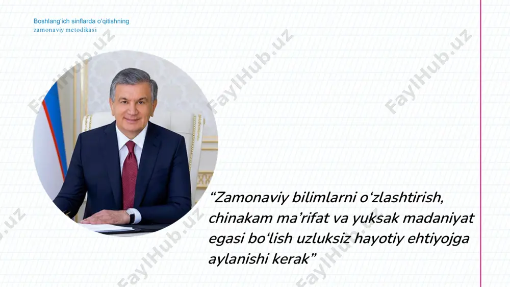 ajarish orqali o‘quvchilarda qanday qobiliyatlar shakllantiriladi? muloqot kirisha olish (kommunikativ) tanqidiy fikrlash (kritik) ijodkorlik (kreativ) hamkorlikda ishlash (kollabaratsiya) 1. namunaga qarab yozish usuli. 2. namunaga qarab ko‘chirib yozish usuli. 3. nusxa ko‘chirish usuli. 4. tasavvur orqali yozish usuli. 5. harflarning shaklini tahlil qilish usuli. 6. yozuv malakasini ongli o‘zlashtirish usuli. 7. sanoq-ohang usuli. 8. xatolar ustida ishlash usuli. 1- sinfda yozuv malakasini shakllantirish usullarni • nuqtalar ustidan turli shakl va rasmlarni chizish; • turli yo‘nalishlar bo‘ylab chiziq chizish; • berilgan rasmlarni bo‘yash; qo‘l mayda matorikasini rivojlantiruvchi mashqlar. miya yarim sharlarining faolligi o‘quvchilarda diqqat, xotira, fikrlash, tasavvurni shakllantirishga xizmat qiladi. bu masqlarni tayyorlov darslarida qanday qilib bajarish tushuntiriladi. avval soddaroq rasmlarda mashq qilinadi. mashqni bajarish uchun ikki qo‘lga ikkita qalam olinadi va bir vaqtning o‘zida ikkalasi bilan birga berilgan namuna ustidan chiziladi. miya ikki yarim sharlarini faollashtiruvchi mashqlar bolaning to‘g‘ri va chiroyli yozishi uchun uning tasavvurining keng bo‘lishi ham ahamiyatli. bu …