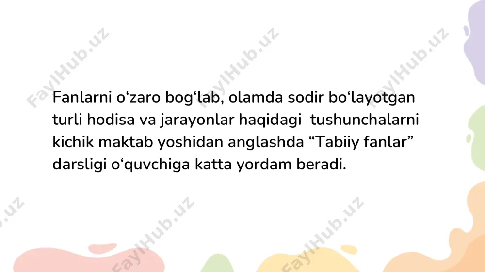 ta’m. sezgi a’zolari – sodiq do‘stlarimiz. muloqot usullari. 2-bob. meni nima o‘rab turadi ( 8 soat ) kim qaerda yashaydi: shaharlar va qishloqlar. transport va uning turlari. transport nima uchun kerak? uydagi qulayliklar: quyosh va suv uyga qanday kiradi. elektr va xavfsizlik. maishiy texnika va u insonga qanday yordam beradi. ekologik tarbiya. 4-bob. o‘lkamizdagi tabiat (11 soat) biz nima bilan nafas olamiz? havo va atmosfera. joylar qanday bo‘ladi? tog‘lar va cho‘llar, ularning farqi. suv haqida nimani bilamiz? daryolar va u yerda yashovchlar. o‘zbekistonda qish. daryolar qayerdan keladi? yerni qanday himoya qilish kerak? ekologik tarbiya. 2- sinf 3-bob. jonli va jonsiz tabiat yonma-yon (14 soat) jonli va jonsiz tabiat. tabiatda hamma narsa o‘zaro bog‘liq: jonli va jonsiz tabiat bir-biriga qanday ta’sir ko‘rsatadi? tabiat hodisalari. sayyoramizda yashovchi tirik jonzotlar. uy va yovvoyi hayvonlar. jonsiz tabiat: narsalar nimadan yasalgan. ekologik tarbiya. 5-bob. nima qanday ishlaydi? (9 soat) mashina qanday yuradi? non qanday tayyorlanadi? …