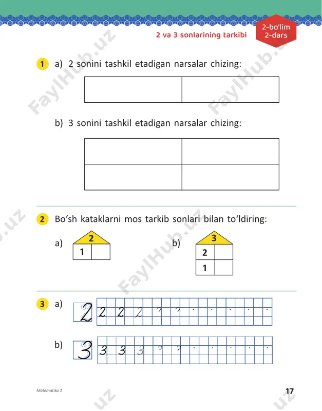ab, o‘rnini aniqlang va taqqoslang: 21 3 5 870 4 6 9 3 taqqoslash belgilarini qo‘yib chiqing: a) 10 7 b) 10 10 d) 0 10 e) 10 5 matematika 1 25 2-bo‘lim 11-dars 0 dan 10 gacha boʻlgan sonlarni taqqoslash 1 rasmdagi narsalarning sonini taqqoslang: a) b) d) e) 2 narsalarning sonini katakdagi son bilan taqqoslang: a) b) d) 3 sonlarni taqqoslang: a) b) d) 4 8 10 8 6 2 9 10 5 3 0 7 6 59 10 matematika 126 2-bo‘lim 12-dars10 sonining tarkibi 1 dominochalarda 10 soni hosil bo‘ladigan qilib bo‘sh kataklarni to‘ldiring: 2 domino toshlarida yuqoridagi son hosil bo‘ladigan qilib bo‘sh kataklarni to‘ldiring: 6 5 4 9 7 8 2 7 8 3 matematika 1 27 2-bo‘lim 13-dars 10 sonining tarkibi 1 10 sonining tarkibini yozing: a) b) d) e) 2 birinchi uydagi kataklarni sanab, ikkinchi uyning bo‘sh kataklarini to‘ldiring: �0 10 �0 �0 9 …