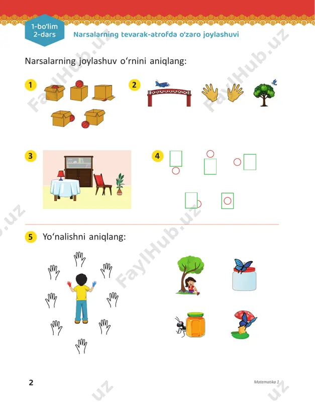 ramma tuzing: 2 � ustunli piktogramma tuzing: shakllardan foydalanib, piktogramma tuzing: 4 3 matematika 114 1-bo‘lim 15-darsgeometriya va algebraik mulohaza yuritish 2 ketma-ketlikni davom ettiring: a) b) 3 qatorli piktogramma tuzing: 4 shakllar miqdorini aniqlang: 1 rasmli jadval tuzing: matematika 1 15