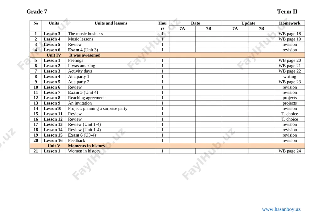 1 revision 18 lesson 14 review (unit 1-4) 1 revision 19 lesson 15 exam 6 (u3-4) 1 revision 20 lesson 16 feedback 1 revision unit v moments in history 21 lesson 1 women in history 1 wb page 24 grade 7 term iii № units units and lessons hours date update homework 7a 7b 7a 7b 1 lesson 1 talking about the past 1 wb page 25 2 lesson 2 the great fire 1 wb page 26 3 lesson 3 buildings in the city 1 wb page 27 4 lesson 4 review 1 revision 5 lesson 5 exam 7 (unit 5) 1 revision 6 lesson 6 feedback 1 revision unit vi what a great job! 7 lesson 1 jobs 1 wb page 28 8 lesson 2 daniel's jobs 1 wb page 29 9 lesson 3 students at work 1 wb page 30 10 lesson 4 at work 1 1 writing …