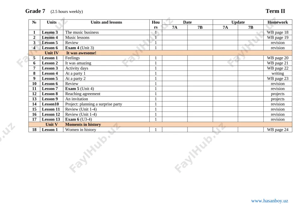 its and lessons hours date update homework 7a 7b 7a 7b 1 lesson 2 talking about the past 1 wb page 25 2 lesson 3 the great fire 1 wb page 26 3 lesson 4 buildings in the city 1 wb page 27 4 lesson 5 review 1 revision 5 lesson 6 exam 7 (unit 5) 1 revision unit vi what a great job! 6 lesson 1 jobs 1 wb page 28 7 lesson 2 daniel's jobs 1 wb page 29 8 lesson 3 students at work 1 wb page 30 9 lesson 4 at work 2 1 wb page 31 10 lesson 5 review 1 revision 11 lesson 6 exam 8 (unit 6) 1 revision 12 lesson 7 feedback 1 revision 13 lesson 8 saturday jobs 1 projects 14 lesson 9 project: a job offer 1 revision unit vii an exciting trip 15 lesson 1 holidays 1 wb page …