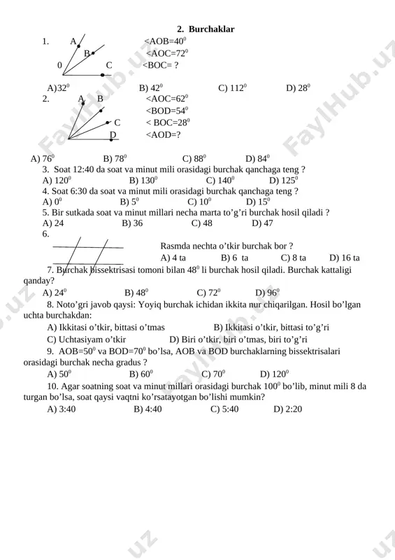 . tekislikda ikkita to’g’ri chiziqlar kesishmasa ular o’zaro: a)perpendikulyar b) parallel c) kesishuvchi d) to’ldiruvchi 2. tekislikda yotgan to’g’ri chiziqdan tashqarida bo’lgan nuqtadan shu to’g’ri chiziqqa: a) yagona parallel to’g’ri chiziq o’tkazish mumkin b) ikkita parallel to’g’ri chiziq o’tkazish mumkin c) cheksiz ko’p parallel to’g’ri chiziq o’tkazish mumkin d) parallel to’g’ri chiziq o’tkazib bo’lmaydi 3. agar tekislikda yotgan ikki to’g’ri chiziq … perpendikulyar bo’lsa, u holda ular o’zaro parallel bo’ladi. a) bir-biriga b) uchinchi to’g’ri chiziqqa c) boshqa ikki to’g’ri chiziqqa d)kesishuvchi ikki to’g’ri chiziqqa 4. shakldagi parallel kesmalarni toping. a) ab || cd c) ae || de b) bc||de d) ab||cd, bc||de a b c d e 5. b shaklda nechta parallel kesmalar juftligi bor ? a) 3ta c) 9ta b) 6ta d) yo’q a b c d e k 6. c shaklda nechta perpendikulyar kesmalar juftligi bor? a) 1 ta b) 2 ta c) 3 ta d) 4 …