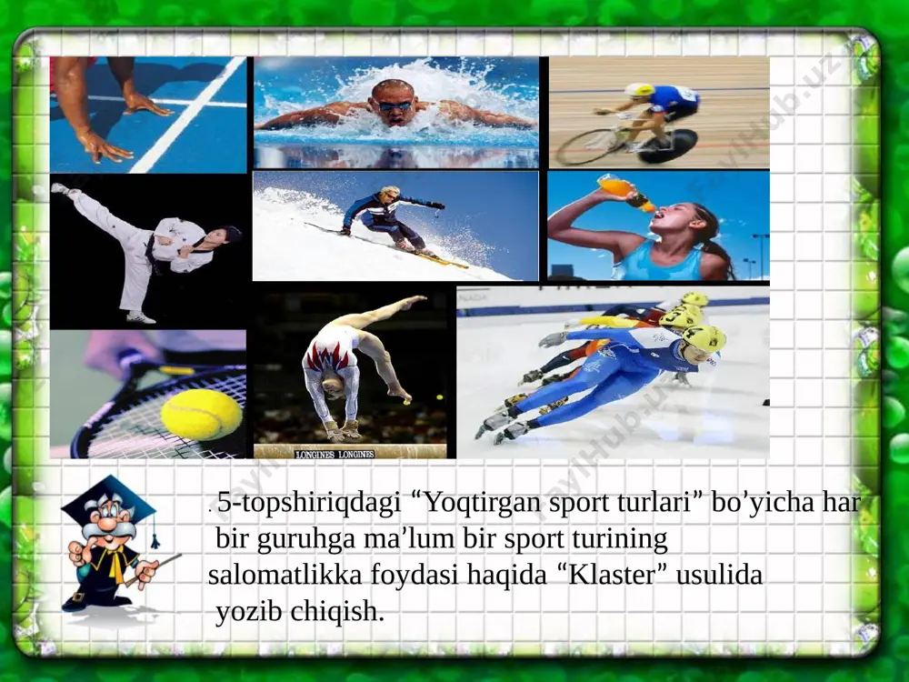 g‘rida yashirinib yotgan ma’danlar to‘g‘risida uzoq o‘ylaganlar. bobomning ma’ danlarni kashf etish haqidagi orzulari ... qiziqish bo‘lib qolmagan. ular bu sohani egallash uchun bilim yurtida ..., institutda ... tahsil olganlar. „orzuga erishish uchun ... o‘qishning o‘zi yetarli emas, balki maqsad yo‘lida tinimsiz izlanish ... kerak“, derdilar bobom. 3-topshiriq. suhbat matnini rollarga bo‘lib o‘qing va mazmunini so‘zlab bering. t texnologiyasi t “orzu daraxti” vatanni qalbiga joylagan shoir iste`dodli shoirlardan biri muhammad yusuf 1954-yil 26-aprelda andijon viloyati marhamat tumanining qovunchi qishlog`ida dehqon oilasida tavallud topgan. e'tiboringiz uchun rahmat image2.jpeg image3.png image4.jpeg image5.jpeg image6.jpeg image7.jpeg image8.jpeg image9.jpeg image10.jpeg image11.jpeg image12.png image13.jpeg image14.jpeg image15.png image16.png image17.gif image18.gif image19.gif image20.gif image21.gif image22.gif image23.jpeg image24.gif