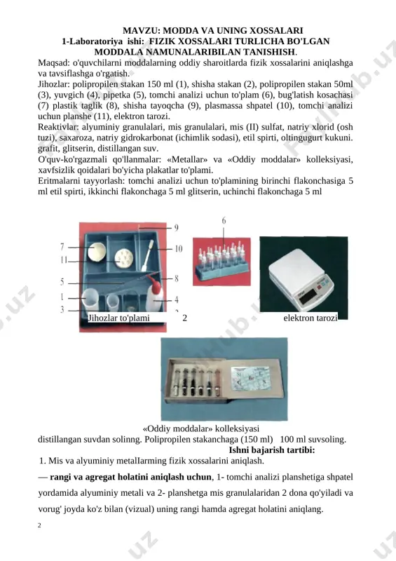 ordamida solinadi, va uning ustiga 150 ml li polipropilen stakandagi suvdan 5-10 ml suv quyiladi va shisha tayoqcha bilan aralashtiriladi. eruvchanligi aniqlangach eritma maxsus idishga yoki rakovinaga to'kiladi. ishlatilgan 50 ml li polipropilen stakan va shi · sha tayoqcha yuvgich bilan yuving. 2. mis (ii) - sulfat va natriy xloridning fizik xossalarini aniqlash. · rangi va agregat holatini aniqlash uchun, tomchi analizi planshetiga shpatel yordamida mis (ii) sulfat va 2- tomchi analizi planshetiga natri xloridi tuzidan ozroq miqdorda (0,1-0,2 gramm) solinadi va yorug' joyda ko'z bilan (vizual) uning rangi hamda agregat holati aniqlanadi. · hidini aniqlash uchun, mis (ii) sulfatli tomchi analizi planshetini 20 sm. dan kam bo'lmagan holatda chap qo'lga olib, o'ng qo'l bilan ehtiyot bo'lgan holda yengil yelpish kerak. · suvda eruvchanligini aniqlash uchun, 50 ml li polipropilen stakanga mis (ii) sulfat shpatel yordamida solinadi, 150 ml hajmli polipropilen stakaniga suvdan 5-10 ml quyiladi va shisha tayoqcha bilan …