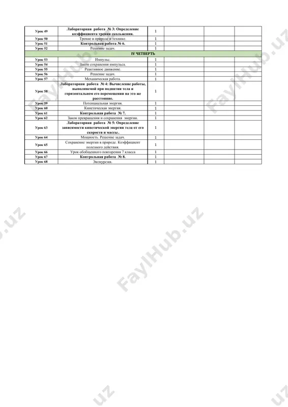i. 1 urok 46 iskusstvennie sputniki zemli. 1 urok 47 sila treniya. trenie pokoya. 1 urok 48 trenie skoljeniya. trenie kacheniya. 1 iii chetvert fizika (2 chasa v nedelyu, vsego 68 ch) vii klass i chetvert ii chetvert urok 49 laboratornaya rabota № 3: opredelenie koeffitsienta treniya skoljeniya. 1 urok 50 trenie v prirode i texnike. 1 urok 51 kontrolnaya rabota № 6. 1 urok 52 reshenie zadach. 1 urok 53 impuls. 1 urok 54 zakon soxraneniya impulsa. 1 urok 55 reaktivnoe dvijenie. 1 urok 56 reshenie zadach. 1 urok 57 mexanicheskaya rabota. 1 urok 58 laboratornaya rabota № 4: vichislenie raboti, vipolnyaemoy pri podnyatii tela i gorizontalnom ego peremeshenii na eto je rasstoyanie. 1 urok 59 potentsialnaya energiya. 1 urok 60 kineticheskaya energiya. 1 urok 61 kontrolnaya rabota № 7. 1 urok 62 zakon prevrasheniya i soxraneniya energii. 1 urok 63 laboratornaya rabota № 5: opredelenie zavisimosti kineticheskoy energii …