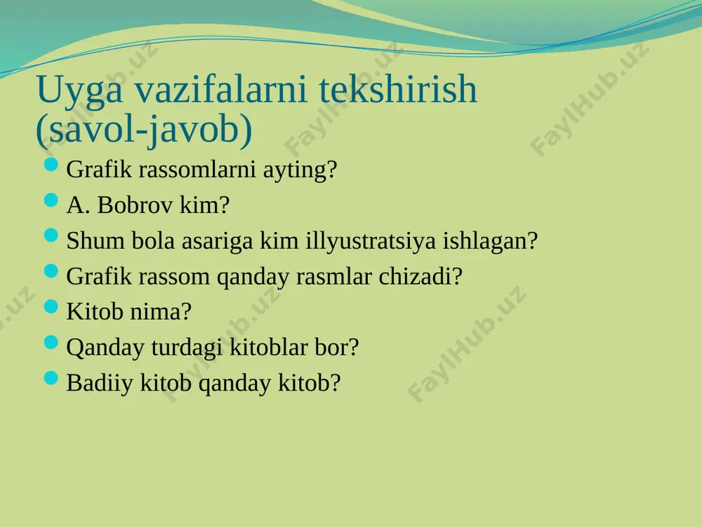 y mahoratini to'la namoyon etish uchun imkon yaratib beruvchi badiiy-grafik elementdir. shuning uchun ham tasviriy san'at darslarida turli janrdagi adabiy asarlarga illyustratsiya ishlashga ko'proq e'tibor qaratilgan. kitobat san'ati tarixidan shu narsa ma'lumki, bir asarga bir nechta rassom turli yillarda qayta-qayta murojaat etib, har safar o'ziga xos yangilik kiritishi mumkin. m.servantesning «don kixot» asariga illyustratsiyalar ishlagan xose del kostilo (1780), gyustav dore (1863), onore dome (1868), xegenbart (1951), kukriniksi (1953) va p.pikasso (1955)lar asarning badiiy yechimini o'ziga xos uslubda hal etgan. xuddi shunday holni g'.g'ulom asarlariga, o'zbek xalq ertaklariga telman muhamedov va abduboqi g'ulomovlar tomonidan ishlangan illyustratsiyalarda ham ko'rish mumkin (50-rasm). shuningdek, sharafiddin ali yazdiyning «zafarnoma», nizomiy, dehlaviy, navoiylarning «xamsa»lariga, firdavsiyning «shohnoma»si va shu kabi qadimiy qo'lyozma asarlariga sharq musavvirlari tomonidan ko'plab illyustratsiya-miniatyuralar ishlangan . rassom a.bobrovning badiiy i illyustratsiyalarida qadimiy va zamonaviy badiiy-tasviriy an'analarni sintetik tatbiqini ko'rishimiz mumkin. kitob muqovasiga namuna. futbol tarixi, sport turlari yoki boshqa mavzularda kitob muqovasini …