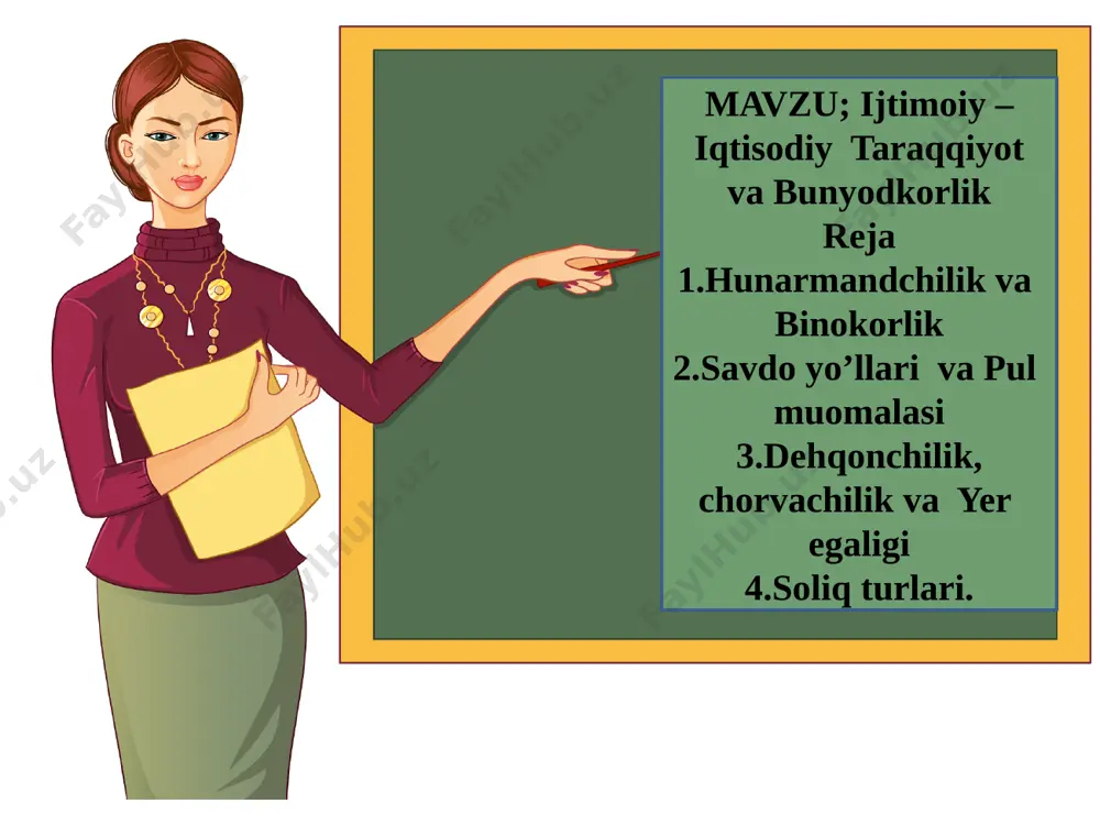 lakat hukumdorlari sulton yoki amirlar egalik qilardi mulk xususiy yerlar mulki vaqf xv asrda masjid, madrasa, xonaqo, maqbara va mozorlarga biriktirilgan yerlar jamoa yerlari dexqonchilik yerlariningkichikroq qismi qishloq aholisining umumiy tasarrufida bolgan yerlarga aytilgan 4. soliq turlari tayanch so’zlar; xiroj, zakot, ushr, begor xiroj-sug’orma dehqonchilik yerlaridan olinadigon asosiy soliq deb atalgan. sug’oriladigan obikor yerlardan xiroj xosilning uchdan bir qismi (33%) miqdorda olingan. lalmikor yerlardan hosilning oltidan biri yani 16,5 % soliq undirilgan. ushr- mulk yerlarining bir qismidan hosilning o’ndan bir qismi (10 %) miqdorida olingan soliq. zakot-chorva mollaridan qiriqdan bir, yani 2,5 % miqdorda olinadigan soliq. begor- mahalliy aholiga yuklatilgan saroy, jamoat binolari, mudofaa va sug’orish inshootlarini hamda yo’l qurilishi ishlarida ommaviy ishlab berish majburiyati, muqaddas ommaviy hashar. savollarga javob beramiz. 1.temuriylar davrida hunarmandchilikni qanday turlari rivojlandi? 2.savdo aloqalari qanday yo’lga qo’yilgan edi? 3.temuriylar davrida yer egaligining qanday turlari bo’lgan? 4.temuriylar davrida qanday soliq turlari bo;lgan? savollarga javob berish mavzuni …