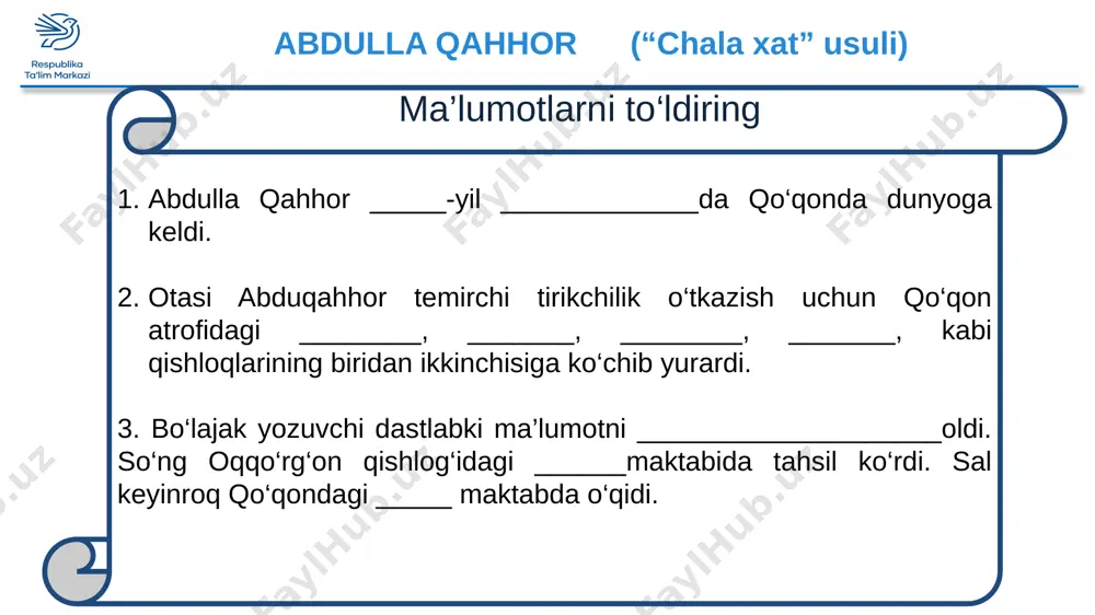 ________________________________________________________________ 2. “kampir dod soldi. odamlar dod ovoziga o‘rganib qolgan: birovni eri uradi, birovning uyi xatga tushadi... ammo kampirning dodiga odam tez to‘plandi”. nima deb o‘ylaysiz, nega kampirning dodiga odam tez to‘plandi? __________________________________________________________________________________________________________________________ 3. “qobil boboning qo‘shnisi – burunsiz ellikboshi kirdi. u og‘ilga kirib teshikni, ho‘kiz bog‘langan ustunni diqqat bilan ko‘zdan kechirdi, negadir ustunni qimirlatib ham ko‘rdi”. nima deb o`ylaysiz, ellikboshining ushbu harakatlaridan maqsadi nima edi? ________________________________________________________________________________________________________________________________ 4. ellikboshining qaysi gapi qobil boboni haddan ziyoda sevintirdi? nega boshiga kata tashvish tushib turgan qobil bobo ellikboshining shu birgina gapidan juda ham sevindi? ________________________________________________________________________________________________________________________________ 2-topshiriq. hikoyada qo‘llangan xalq maqollari va iboralarini yozing. ____________________________________________________ 2. _____________________________________________________ 3. _____________________________________________________ 4. _____________________________________________________ 5. _____________________________________________________ 3-topshiriq qobil bobo hikoya matniga tayanib qobil boboga ta’magairlik qilgan obrazlar ro`yhatini ketma-ketlikda shakllantiring. _______ ______ ______ ______ _______ 4-topshiriq amin chinchalog‘ini ikkinchi bo‘g‘inigacha burniga tiqib kuldi. – yo‘qolmasdan ilgari bormidi? qanaqa ho‘kiz edi? – ola ho‘kiz... – yaxshi ho‘kizmidi yo …