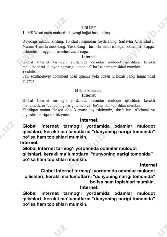 uchun uni uzlukli ko‘rinishga o‘tkazadi. axborotlarning bu kabi uzlukli ko‘rinishi nima deb ataladi? j : diskret 3-bilet 1. ms word matn protsessorida yangi hujjat yarating. ixtiyoriy matnni yozing va ikkita ustunga bo‘ling j: matinni kiritamiz internet global internet tarmog‘i yordamida odamlar muloqot qilishlari, kerakli ma’lumotlarni “dunyoning narigi tomonida” bo‘lsa ham topishlari mumkin. internet global internet tarmog‘i yordamida odamlar muloqot qilishlari, kerakli ma’lumotlarni “dunyoning narigi tomonida” bo‘lsa ham topishlari mumkin. 2. hisoblashni bajarishda triada kodlash usulidan foydalanib bajaring va natijani o‘n oltilik sanoq sistemasida ifodalang. 1428 + 1208 j: 142=001100010 120=001010000 001100010+001010000=010110010 010110010=b2 3. “https://www.uzedu.uz/” sayti to‘g‘risida ma’lumot bering. j: http-bog`lanish protokoli www.uzedu.uz - axborot saqlanayotgan provayder server nomi bu ozbekiston respublikasi xalq ta`limi vazirligi sayti hisoblanadi. 4-bilet 1. ms word matn muharririda yangi hujjat hosil qiling. sahifaning parametrlarini o‘rnating: yuqori, pastki chet - 2 sm, chap - 3 sm, o‘ng - 1,5 sm. formatni hisobga olgan holda matnni yozing (shrift …