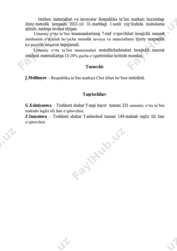 nligi va bildirilgan fikrlarning mantiqan bir-biri bilan bog‘liqligi hisobga olinadi. fikrlar bayon etilayotganda, so‘z birikmalarining noto‘g‘ri ifodalanishi, grammatik va fonetik qoidalarga rioya qilmaslik hollari bir gapning o‘zida ikki va undan ortiq kuzatilsa, o‘sha gap hisobga olinmaydi. o‘quvchi bilet savollariga to‘liq javob bera olmasa, o‘qituvchi o‘quvchiga mavzu yuzasidan uchinchi savolni berishi mumkin. bilet asosida va qo‘shimcha tarzda berilgan har bir savolga javob 5 ballik tizim asosida baholanadi. masalan: 1-savolga 3 ball, 2-savolga 5 ball qo‘yilsa, baholar umumlashtirilib, o‘rtacha ball chiqariladi. 3+5=8 va 8:2=4 ball. og‘zaki topshiriq bo‘yicha baholash mezoni t/r baholash mezoni ball 1. berilgan mavzuni to‘liq og‘zaki bayon qila olsa, mavzu yuzasidan fikrini to‘liq ifodalay olsa, to‘g‘ri talaffuz va intonatsiya bilan gapirsa, berilgan mavzuga doir savollarga to‘liq javob bera olsa 5 2. berilgan mavzuni qiyinchilik bilan og‘zaki bayon qila olsa, mavzu yuzasidan fikrini to‘liq emas, lekin to‘g‘ri ifodalay olsa, talaffuz va intonatsiyada ozgina kamchilikka yo‘l qo‘ysa, berilgan mavzuga doir savollarga …