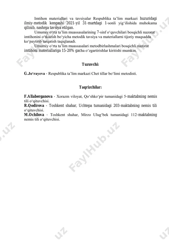 ihatdan to‘g‘ri bayon etilishi, nutqining ravonligi, mavzudan chetlashmaganligi va bildirilgan fikrlarning mantiqan bir-biri bilan bog‘liqligi hisobga olinadi. fikrlar bayon etilayotganda, so‘z birikmalarining noto‘g‘ri ifodalanishi, grammatik va fonetik qoidalarga rioya qilmaslik hollari bir gapning o‘zida ikki va undan ortiq kuzatilsa, o‘sha gap hisobga olinmaydi. o‘quvchi bilet savollariga to‘liq javob bera olmasa, o‘qituvchi o‘quvchiga mavzu yuzasidan uchinchi savolni berishi mumkin. bilet asosida va qo‘shimcha tarzda berilgan har bir savolga javob 5 ballik tizim asosida baholanadi. masalan: 1-savolga 3 ball, 2-savolga 5 ball qo‘yilsa, baholar umumlashtirilib, o‘rtacha ball chiqariladi. 3+5=8:2=4 ball. og‘zaki topshiriq bo‘yicha baholash mezoni t/r baholash mezoni ball 1. berilgan mavzuni to‘liq og‘zaki bayon qila olsa, mavzu yuzasidan fikrini to‘liq ifodalay olsa, to‘g‘ri talaffuz va intonatsiya bilan gapirsa, berilgan mavzuga doir savollarga to‘liq javob bera olsa 5 2. berilgan mavzuni qiyinchilik bilan og‘zaki bayon qila olsa, mavzu yuzasidan fikrini to‘liq emas, lekin to‘g‘ri ifodalay olsa, talaffuz va intonatsiyada ozgina kamchilikka yo‘l …