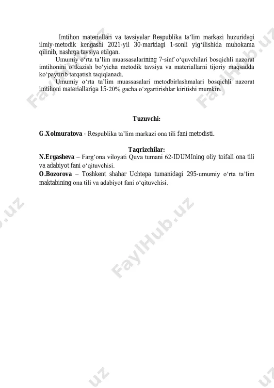 toptirishga qaratiladi. tanlangan diktant matni quyidagi talablarga mos bo‘lishi lozim: - o‘quvchilarning o‘quv yili davomida o‘rgangan mavzulari yuzasidan bilim va malakalarini mustahkamlashga hamda savodxonligini tekshirishga xizmat qilishi; - diktant matnining hajmi 100-120 ta so‘zdan iborat bo‘lib, o‘tilgan mavzularga to‘la muvofiq keladigan va olingan bilimlarni sinash imkoniyatini beradigan material tanlanishi; - tanlangan matn o‘quvchiga ma’lum darslikdan olinmay, imkon qadar ijodiy bo‘lishi, mustaqil o‘qilgan yoki o‘quvchiga notanish bo‘lgan asarlardan olinib, ta’limiy, tarbiyaviy ahamiyatga ega bo‘lishi lozim. diktant o‘qib eshittirish orqali yozdiriladi. diktant yozilgandan so‘ng matn qayta ifodali o‘qib beriladi. diktant quyidagi baholash mezoni asosida baholanadi t/r mezonlar ball 1 husnixat bilan yozilgan, 1 ta imlo, 2 ta ishoraviy xatosi bo‘lgan diktantga qo‘yiladi. (bu 1/ 2 shaklida belgilanadi) 5 2 xatolar soni turlicha bo‘lishi mumkin: 2 ta imlo + 2 ta ishoraviy xato; 1 ta imlo + 3 ta ishoraviy xato; 0 imlo + 4 ta ishoraviy xato. (bu: 2/2; 1/3; 0/4) xatolar …