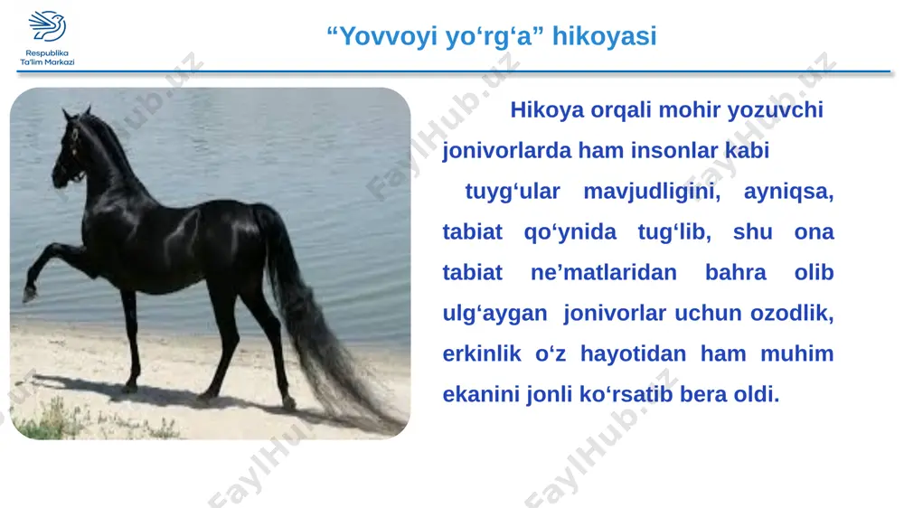 g 5-topshiriq galachilar yo‘rg‘ani ovlashda qo‘llagan usullarining nomini yozing _______ _______ ______ 6-topshiriq 1. hikoya matnini o‘qish davomida sizning e’tiboringizni nima ko‘proq tortdi: insonlarning yo‘rg‘aga munosabatimi, tabiat tasvirimi yoki yovvoyi yo‘rg‘aning kechinmalarimi? fikringizni izohlang. ________________________________________________________________________________________________________________________________________________________________________________________________________________________________________________________________ 2. nima deb o‘ylaysiz? nega jo kalon boshchiligidagi bir necha odam tuta olmagan yo‘rg‘ani qari kurka iz bir o‘zi ushladi? ________________________________________________________________________________________________________________________________________________________________________________________________ 6-topshiriq. asarda qo‘llangan joy nomlarini yozing ________ _______ ________ _______ ________ yovvoyi yo‘rg‘a qolgan bor kuchini yig‘ib ozodlik yo‘lida jon-jahdi bilan yonbag‘ir bo‘ylab yuqoriga talpindi. yana, yana yuqoriladi, badaniga botayotgan arqonga ham, uni to‘xtatib, iziga qaytarish uchun uzilgan o‘q ovoziga ham parvo qilmadi, u ozodlikka talpindi... yovvoyi yo‘rg‘a yana, yana yuqoriladi, ana, tik qoyaga ko‘tarildi. qoyadan pastga – havoga sakradi, ikki yuz futcha uchib yurdi, yana, yana pastlab... toshga borib tushdi. u jonsiz sulayib qoldi, ammo... ozod bo‘lib qoldi! berilgan fikrlar ichidan eng so‘nggi jumlani izohlashga harakat qiling. nima uchun yo‘rg‘a jonsiz bo‘lsa ham …