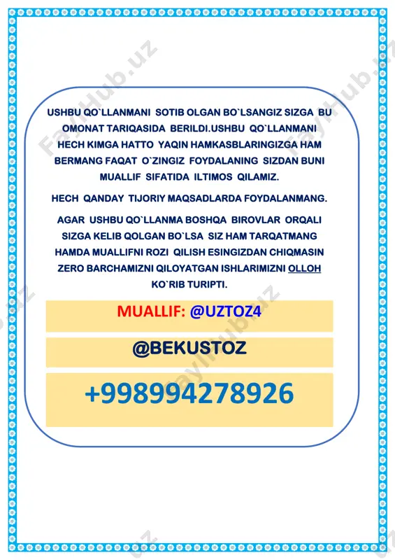 lar 1 34 6- nazorat ishi 1 35 xatolar ustida ishlash 1 36 takrorlash 1 37 takrorlash 1 38 takrorlash 1 39 takrorlash 1 sana_____________202__yil 1-sinf matematika mavzusi: 100 ichida qo‘shish va ayirish dars maqsadi:a) ta’limiy maqsadi: o’quvchilarda 100 ichida qo‘shish va ayirish mavzusiga oid bilimlarini shakllantirish.b) tarbiyaviy maqsadi: o’quvchilarda dars berish jarayonida birodarlik, hozirjavoblik , topqirlik fazilatlarini tarbiyalash . d)rivojlantiruvchi maqsadi:o’quvchilarni mustaqil fikrlashga undash, tog’ri va aniq hisoblash malakasini rivojlantirish .ijtimoiy faol fuqarolik kompetensiyasi: boshqalar fikrini tinglab, tushuna olish va o‘z fikrini himoya qila olish; milliy va umummadaniy kompetensiya: matematik savodxonlik, fan va texnika yangiliklaridan xabardor bo‘lish hamda foydalanish kompetensiyasi: murakkab bo‘lmagan hisoblashlarda hisoblash vositalardan foydalana olish. dars turi: yangi bilim,ko’nikma,malakalarini shakllantiruvchi dars dars metodi:an’anaviy, savol-javob,suhbat , “ nima o’zgardi? ”o’yini. dars jihozi: darslik,mavzuga oid rasmlar,tarqatma materiallar, ko’rgazmali qurollar, notebook,multimedia ilovasi. darsning borishi. t/r bo’limlar vaqti 1 tashkiliy qism 3 daqiqa 2 o`tgan mavzuni mustahkamlash 5 daqiqa 3 yangi …