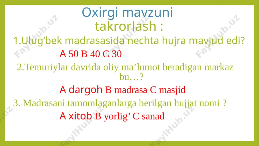 duz jadvalidan iborat. 5. tarixchi- ulug‘bek “tarixi arba’ ulus” (to‘rt ulus tarixi) nomli tarixiy asar hamda musiqa ilmiga bag‘ishlangan beshta risola ham yozgan. mustahkamlash: 1.1424-29 yil… 2.31… 3.15000… 4.1 daqiqa 2 soniya… 5.2 qism… 6.1018… 7.5 ta risola… image1.png image2.png image3.jpeg image4.png image5.jpeg image6.png image7.png