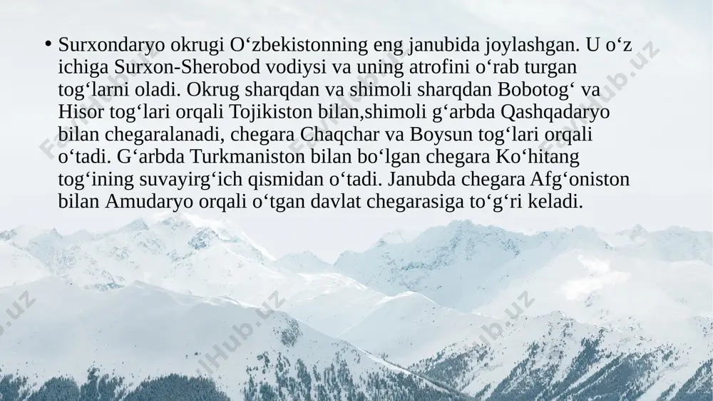 oradi. shakliga ko‘ra vodiy uchburchakka o‘xshash. uning janubi-g‘arbiy qismi keng bo‘lib, 110—115 km ga, shimoli sharqi tor bo‘lib, 15—20 km ga teng. okrugda qazilma boyliklardan neft va gaz, ko‘mir, polimetall, alumin rudasi, girs, tuz, har xil qurilish material konlari mavjud. neft va gaz, asosan, lalmikor, ko‘kaydi,xovdog‘dan, toshko‘mir sharg‘undan qazib olinadi. sariosiyoda polimetall rudasi, aluminiy rudasi, girs, ohak konlari bor. o‘zbekistondagi eng katta xo‘jaikon tuz koni shu okrugda joylashgan. sharg`un toshko`mir koni xo‘jaikon tuz koni surxondaryo janubida tarkibida har xil erigan moddalar saqlovchi bir necha mineral suvlar topilgan. ularning eng muhimi jayronxona mineral suvi hisoblanadi image1.jpg image2.jpg image3.jpg image4.jpg image5.jpg image6.jpg image7.jpg image8.jpg image9.jpg image10.jpg image11.jpg image12.jpg image13.jpg image14.jpg image15.png image16.jpg image17.jpg image18.jpg image19.jpg