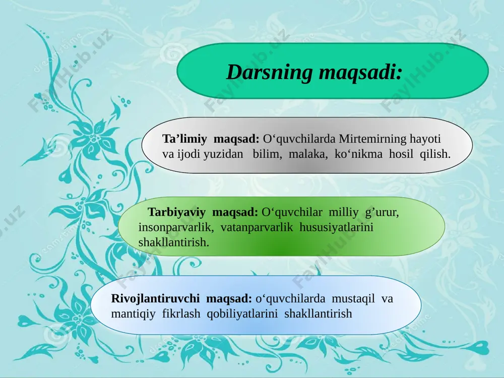 heyne, tagor, maxtumquli, berdaq, nozim hikmat. «manas» qirg‘iz xalq eposi, «qirq qiz» qoraqalpoq xalq dostoni mirtemir domla zahmatlari tufayli o‘zbek o‘quvchisiga yetib kelgan. sevimli shoirimiz mirtemir 1978-yil 24-yanvarida 68 yoshida vafot etdi e’tirof shoirning avlodlarga qoldirgan ijodiy merosi ardoqlanib, 4 jildlik «asarlar»i nashr etildi. mustaqillik yillari mirtemir domlaning xalqimiz ma’naviyatini yuksaltirishdagi ulkan xizmatlari taqdirlanib, 2001-yil «buyuk xizmatlari uchun» ordeni berildi 1.1929-yili bilim yurtini tamomlagan mirtemir tahsilni qayerda davom ettiradi? a.nizomiy nomidagi oliygohda b.samarqand davlat universitetida c. namangan davlat universitetida e’tiboringiz uchun rahmat! image2.png image3.png image4.png image5.png image6.png image7.png image8.png image9.png image10.png image11.jpeg image12.jpeg image13.png image14.png image15.jpeg image16.png image17.jpeg
