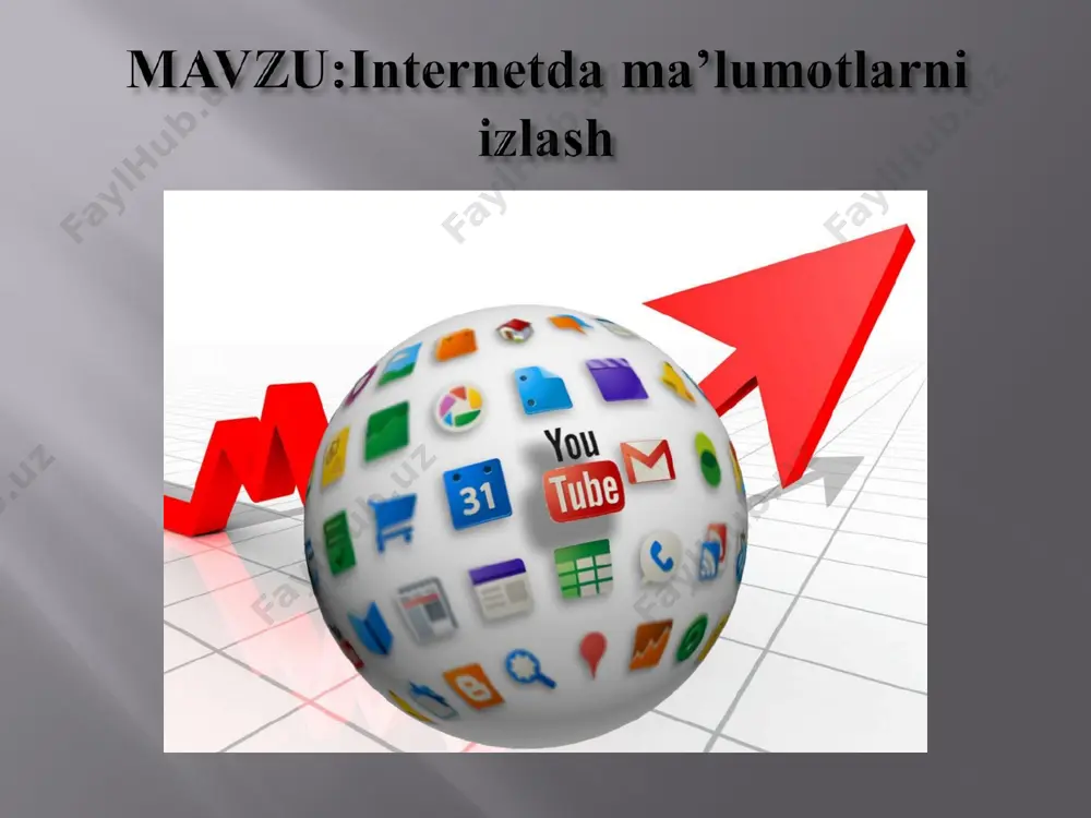 hi (animatsiya) hamda siqilgan rasmlar. rasm ko‘rinishidagi ma’lumotlar ustida faqatgina uning nomi yoki turi bo‘yicha qidiruv olib borish mumkin. ko‘pgina internet qidiruv tizimlari grafik yoki tasvir ko‘rinishidagi ma’lumotlarni qidirish uchun alohida bo‘limga ega bo‘lib, bu bo‘lim orqali ixtiyoriy turdagi rasmlarni ularning nomlari bo‘yicha qidiruvni amalga oshirish mumkin. www.uz – bu barcha foydalanuvchilar uchun yurtimizning internet tarmog’idagi milliy segmenti axborotlaridan qulay tarzda foydalanish imkoniyatini beruvchi tizimdir. google qidiruv tizimi amalga oshirilgan qidiruv natijalari ro’yxati rambler qidiruv tizimi amalga oshirilgan qidiruv natijalari ro’yxati yandex qidiruv tizimi amalga oshirilgan qidiruv natijalari ro’yxati yahoo qidiruv tizimi amalga oshirilgan qidiruv natijalari ro’yxati axborot qidiruv tizimlari – bu veb-sayt hisoblanib internet tarmog‘ida axborotlarni qidirish imkoniyatini taqdim etadi. internet tarmog‘ida ma’lum sohada ishlaydigan ixtisoslashgan qidiruv tizimlari ham mavjud. bular: “ktotam” – insonlar to‘g‘risidagi axborotlarni qidirish “tagoo” – musiqalarni qidirish qidiruv tizimi “truveo” – videomateriallarni qidirish qidiruv tizimi “kinopoisk” – filmlar to‘g‘risidagi axborotlarni qidirish tizimi “ebdb” – elektron …