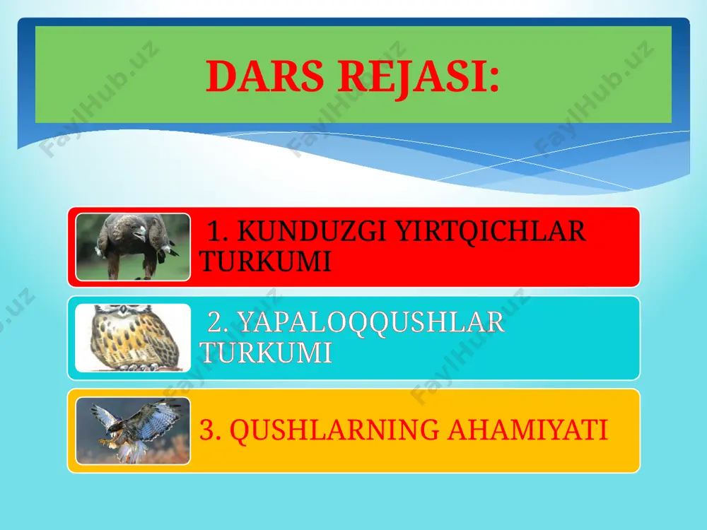 utib yeydi. boyo’g’li boyo’g’li-ukkiga nisbatan ancha kichik. kechqurunlari qurigan daraxt shoxlarida o’tirib o’lja poylaydi. bu qush o’simliklarga ziyon yetkazuvchi qo’ng’iz, chigirtka va kemiruvchilarni qirib, katta foyda keltiradi. demak , xalq orasida yuradigan “boyo’g’li- hosiyatsiz qush” degan gap umuman noto’g’ri. qushlarning ahamiyati qushlar zarakunanda hasharotlar va kemiruvchilarni qirib, tabiatda ular sonini cheklab turadi. oziq zanjirida qushlarning o’zi ham ko’plab hayvonlarga ozuqa bo’ladi. meva va urug’larni tarqalishida, gullarni changlanishida, odamlarga estetik zavq bag’ishlashda ahamiyati katta. qushlardan go’shti, tuhumi, pari uchun foydalaniladi. qushlarni asrash, ulardan maqsadli foydalanish va albatta muhofaza qilish zarur. yirtqichlar nomini ularga mos keladigan xususiyatlar bilan juftlab yozing 1. qora kalxat 2. tasqara 3. ukki 4. boyo’g’li a) boshida ikki to’p pati bor b) dumi ayri, daraxtga uya quradi c) kechqurun o’lja qidiradi d) havoda qanot qoqmay ucha oladi ushbu qushlar orasidagi umumiylik va farqlarni ayting qushning nomini va o’ziga xos xususiyatlarini yozing bu qush xalq orasida qanday ta`riflanadi? klassterlarni …