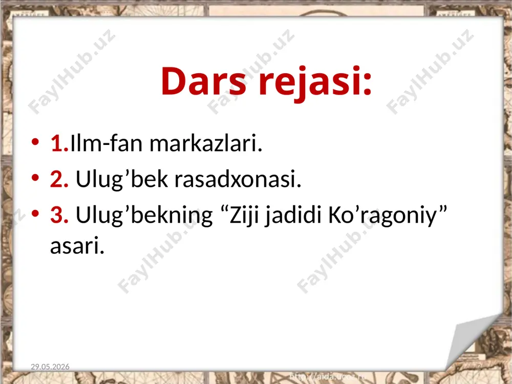 yarli hamma sohalariga tegishli qariyb o‘n besh ming jild kitob saqlangan. ulug‘bekning faol ishtiroki bilan ulug‘bek rasadxonasi o‘sha zamon sharoitiga mukammal astronomik asbob va uskunalar bilan jihozlangan oliy darajadagi ilmgohga aylanadi. 23.04.2020 12 rasadxonada ulug‘bek bilan birga mashhur matematik va astronomlardan “aflotuni zamon” deb nom olgan qozizoda rumiy, g‘iyosiddin jamshid koshoniy, “o‘z davrining ptolomeyi” nomi bilan shuhrat qozongan 23.04.2020 13 qozizoda rumiy ali qushchi va ko‘pgina boshqa olimlar ilmiy kuzatishlar va tadqiqotlar olib boradilar. 23.04.2020 14 xullas, ulug‘bek samarqandda butun bir astronomiya maktabini yaratdi. ali qushchi rasadxonada olib borilgan kuzatish va tadqiqotlar tufayli 1018 ta qo‘zg‘almas (turg‘un) yulduzlarning o‘rni va holati aniqlanib, ularning astronomik jadvali tuziladi. 23.04.2020 15 ulug’bekning “ziji jadidi ko’ragoniy” asari “ulug’beki ziji ”, “ziji ko’ragoniy” nomlari bilan ham ataladi “zij” so’zi fors tilidagi “zik” so’zidan olingan bo’lib, “jadval” ma’nosini bildiradi. mazkur asar ulug’bekning qariyb 30 yillik izlanishi samarasi bo’lib, u 1444 yilda yozib tugatilgan. asar fors tilida …