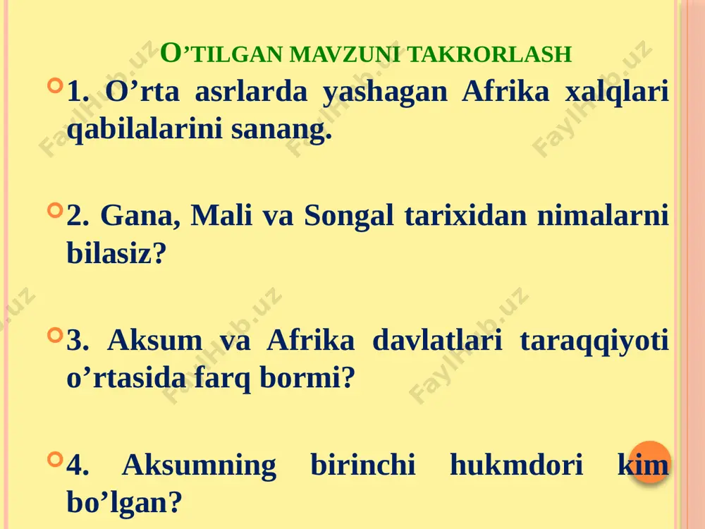 romlarini, saroy va ibodatxonalarini barpo etganlar. piktografik yozuv (lotincha pictus – rasmli va yunoncha grapho – yozaman, rasmli yozuv) ma’lumotning umumiy mazmunini rasm orqali yoki rasmlarni ketma-ketligi orqali eslab qolish maqsadida tasvirlash. asteklar qo‘shni mayyalar ixtirosi asosida o‘zlarining quyosh taqvimini yaratganlar. piktografik yozuv shakllangan. inklar ning o‘ziga xos «tugunli xati» (kipu) bo‘lib, uning sirlari faqat ruhoniylarga ma’lum edi. kipu tugunli xati janubiy amerika afrika xalqlari madaniyati. aksumda iv asrdayoq mahalliy yozuv islohoti o‘tkaziladi. bu alifbo efiopiyada hozirgi kunga qadar saq lanib qolgan. g‘arbiy sudan xalqlari madaniyatining yuksak taraqqiyotida arablarning ta’siri katta benindagi shoh saroyida jezdan ishlangan jangchi nog‘orachi berilgan xaritalar qaysi xalqlar tarixiga oid ekanligini aniqlang mavzuni mustahkamlash uchun savol va topshiriqlar 1 berilgan tasvirlar qaysi xalqlar tarixiga oid ekanligini aniqlang mavzuni mustahkamlash uchun savol va topshiriqlar 2 osiyo xalqlari madaniyati amerika xalqlari madaniyati. afrika xalqlari madaniyati yangi mavzu asosida xalqlar madaniyatini bir-biri bilan solishtirib, jadvalni to‘ldiring. 3 e’tiboringiz uchun …