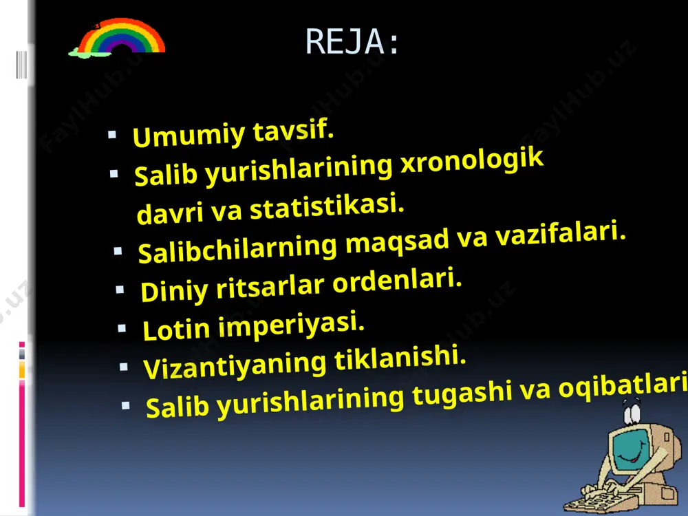 shahrini bosib olishlari bahona bo`lgan. 2-salib yurishi mag`lubiyatga uchragan. yurishning boshlanishiga 1187-yilda misr sultoni salohiddin ayyubiy tomonidan quddusning egallab olinishi sabab bo`lgan. bu yurish ham barbod bo`lgan. yurishni 1199 yil papa innokentiy iii uyushtirgan. salibchilar o`zlarini dengiz orqali kemalarda olib o`tishi uchun venetsiya svdogarlari bilan 85 000 kumush markaga kelishib to`lovning 3/1 qismini to`laydi. qarz bo`lib qolgach venetsiyaliklarning savdo raqibi konstantinopol (vizantiya)ga yurishga majbur bo`ladi. yurishga esa ukasi tomonidan taxtdan tushirilib ko`ziga mil tortilgan isaak ii angelga toju-taxtni qaytarish bahona bo`ldi. ular 1204-yil konstantinopolga hujum qilib 20 000 qo`shin bilan yarim million aholisi bor shaharni egalladi. natijada salibchilar u yerda lotin imperiyasiga asos soldi.(vizantiyaliklar salibchilarni “lotinlar ”deb ataganlar) . birinchi imperator salibchilar yo`lboshchisi flandriyalik graf bolduyin bo`ldi. 5-8-salib yurishlarining barchasi mag`lubiyatga uchragan. salibchilar tomonidan barpo qilingan davlatlar: edessa grafligi antioxiya knyazligi quddus qirolligi tripoli grafligi salibchilar tomonidan tuzilgan 1-davlat. 1098-1146-yillarda faoliyat yuritgan 1105-1289-yillarda mavjud bo`lgan. raymund tuluzskiy asos solgan. sulton …