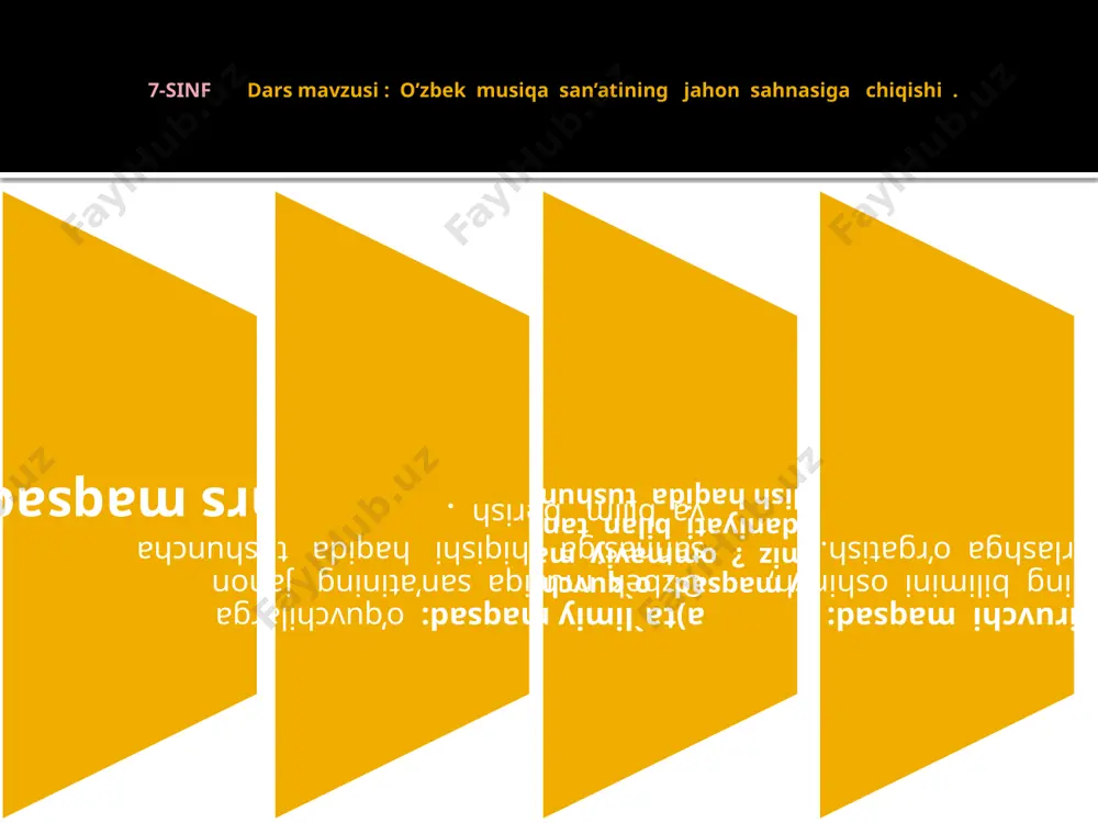h an’ana bo’lib qoldi . mustahkamlash 1. o’zbekiston musiqa san’atining jahon sahnasiga chiqishi haqida tushuncha bering . 2. televideniyening ahamiyati haqida tushunchangizni ayting . uyga vazifa mavzuni mustahkamlash normurod narzullayev sheeri farrux zokirov musiqasi “ yurt ishqida yonaman ” qo’shig’ini yodlash. e’tiboringiz uchun tashakkur uyda qoling!!! image2.jpeg image3.jpeg image4.jpeg image5.jpeg image6.jpeg image7.png image8.emf