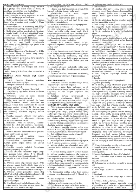 n ketgani yo‘q. ba’zan zavqshavqimni yoki dushmanga nafratimni qog‘ozga tushirib qo’yar edim». 7. frontdan qaytgach, «shinelli yillar daftari» she’rlar turkumi va «farzand», «so‘nmas chechaklar» dostonlarini yaratdi 8. balladalari. «ona va farzand», «jamila», «raymon da», «uch qiz afsonasi», «guldursun», «qora va 6q arava cha haqida ertak», «mardlik afsonasi» 9. «ona va farzand» balladasida sho‘ro yerlarida bor gan urush voqeasi aks etgan 10. «jamila»da arab qizining fransuz bosqinchilariga qarshi kurashi aks etgan 11. «raymonda»da vyetnamda borayotgan urushga qarshi turgan fransuz qizi jasorati tasvirlangan 12. «mardlik afsonasi» balladasi to’marisning tengsiz shijoatiga bag‘ishlangan 13. shuhrat 1951yilda «millatchi» degan tamg‘a bilan qamoqqa hukm qilinib, 4 yil shimoliy qozog‘istonda og‘ir azoblarga duchor qilindi 14. birinchi romani «shinelli yillar» 1958yilda yaratildi 15. 1965yilda adibni elga mashhur qilgan «oltin zan glamas» romani bosilib chiqdi. unda sho‘ro tuzumining eng adolatsiz, eng chirkin bochqichi bo’lmish qatag’on davri mahorat bilan tasvirlangan 16. 1968yilda «jannat qidirganlar» romani chop etildi. unda o’zbek adabiyotida …