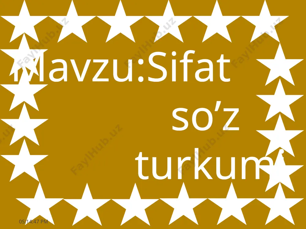 sh yo‘li bilan hosil qilinadi. 15:53:06 bepoyon ayyor ulkan shod tasodifiy suluv kar chuchmal bulturgi kerakli maqtanchoq pushti egri-bugri chanqovbosdi 1 2 3 4 15.05.2020 9 oq, qora, aqlli, inoq, qo’ng’ir, rasvo, olijanob, bahodir, razil, loqayd, davlatmand, dono, orasta, achchiq, qimmatbaho, sifatlar zanjiri 15:53:06 1min to’g’ri va chiroyli yozamiz! 15:53:06 olijanob qaqshatqich ilma-teshik hurkovuch ahmoq harom-xarish ko’ylakchang xotira mashqi 15:53:06 15:53:06 sweet – shirin rich – boy fast – chaqqon lazy – dangasa pink – pushti round – dumaloq easy – oson sweet shirin 15:53:06 rich boy 15:53:11 fast chaqqon 15:53:11 dangasa lazy 15:53:11 pushti pink 15:53:11 easy oson 15:53:12 round dumaloq 15:53:12 xotira mashqi 15:53:12 sweet – shirin rich – boy fast – chaqqon lazy – dangasa pink – pushti round – dumaloq easy – oson quyidagi sifatlarni o’z va ko’chma ma’nolarida qo’llab so’z birikmalari tuzing. 1-guruh: qalin og’ir yaqin o’tkir shirin sovuq yumshoq 2-guruh: yengil achchiq qora quyuq …
