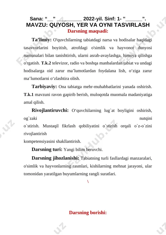 e: ] yer quyosh sistemasidagi 3 sayyora bo’lib havo, tuproq, suv, tabiat mujassam bo’lgan yagona sayyoradir. yer quyosh atrofida 1 yilda 365 kunda aylanib chiqadi, 4 yilda bir marta esa 356 kunga to’g’ri keladi. yer quyosh atrofida aylanishini bilb oldik endi aytingchi yer atrofida nima aylanar ekan? oy juda to’g’ri [image: ] oy- yerning tabiiy yo’ldoshi. oy o’zidan nur sochmaydi, quyoshdan tushgan nurni qaytaradi. agar oy doira shaklida ko’rinsa, to’lin oy deyiladi. [image: ][image: ] oy, yer,quyosh osmonda bir chiziqda to’g’ri kep qolganda oy tutiladi. [image: ] iii yangi mavzuni mustahkamlash endi daftarlarimizga mashqni bajarib olamiz. [image: ] [image: ] so’ngra o’quvchilar bu jadvalninto’dirib olishadi. jadval to’ldirishgandan keyin o’quvchilarga qisqa video rolik taqdim etamiz. iv o'quvchilar bilimini baholash. [image: ] v uyga vazifa berish. «ish daftari»ga quyosh, yer, oy haqida yozib kelinglar va rasmini ham «ish daftari»ga chizib kelinglar deymiz. [bookmark: _goback] [image: ] osmon jismlari image6.png image7.png image8.png image9.png …