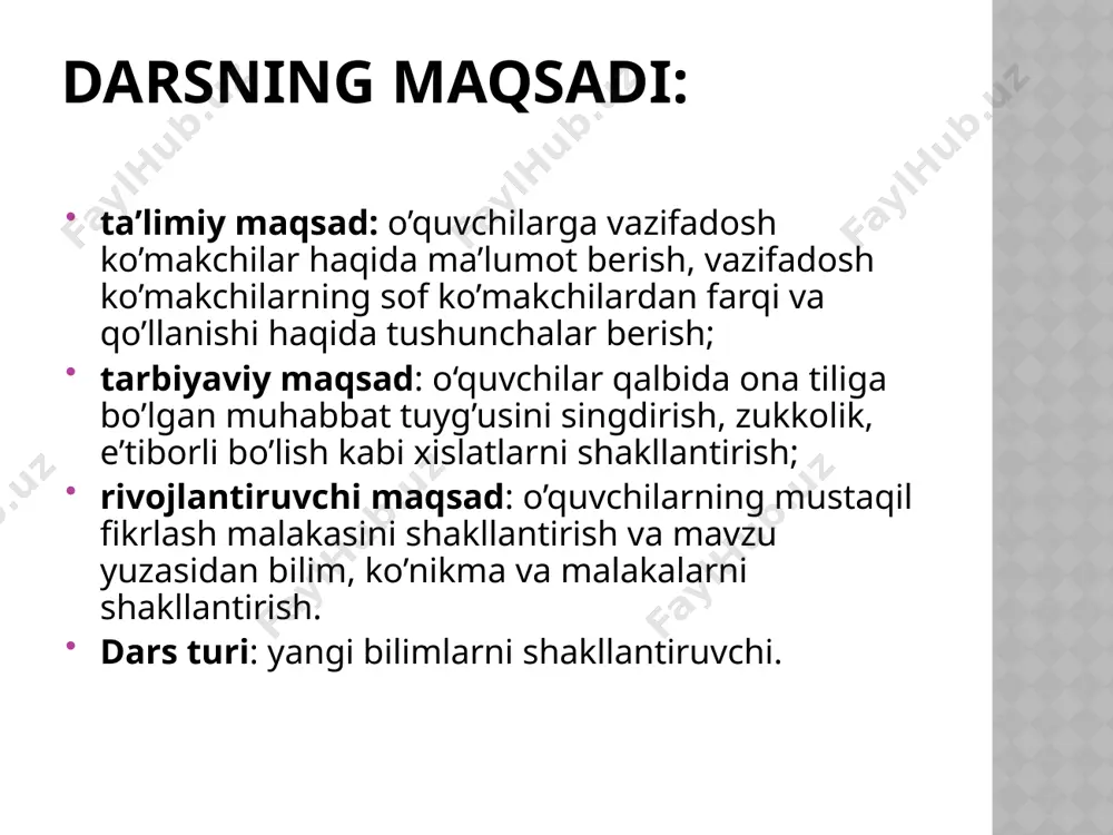 z tutmoq, oliy maqsadimizga aylansin. 6-o’quvchi: ona tilimiz rivojiga ulkan hissa qo’shgan hazrat alisher navoiy haqida qancha bilsak, shuncha ozlik qiladi... yangi mavzuning bayoni. 1-topshiriqda berilgan gaplardagi ajratilgan so’zlarning mustaqil so’z va ko’makchi vazifasida kelgan o’rinlarini aniqlash o’quvchilarga topshiriladi. 1. gap futbol o’yini ustida ketardi. 2. qoziq ustida qor turmas. ( topishmoq) 3. orqadan chuqur soy oqardi. 4. muxbirimiz telefon orqali xabar berdi. bu so’zlarni qaysi o’rinlarda haqida, to’g’risida, bilan ko’makchilari bilan almashtirish mumkinligi aniqlanadi. 1-gapda berilgan ustida so’zini to’g’risida yoki haqida ko’makchilari bilan; 4-gapda berilgan orqali so’zini bilan ko’makchisi bilan almashtirish mumkinligi aniqlanadi. 2- va 3-gaplardagi ajratilgan so’zlar esa gapda so’roqqa javob bo’lib, gap bo’lagi vazifasini bajarayotgani aniqlanadi. bizga ma’lumki, yordamchi so’zlar mustaqil so’roqqa javob bo’lmaydi va gap bo’lagi vazifasida kela olmaydi. shunga asoslangan holda yangi mavzu tushuntiriladi. quyidagi ma’lumotlar slaydlar orqali namoyish etilib, tushunchalar beriladi. . 1-gapda berilgan ustida so’zini to’g’risida yoki haqida ko’makchilari bilan; 4-gapda berilgan orqali …