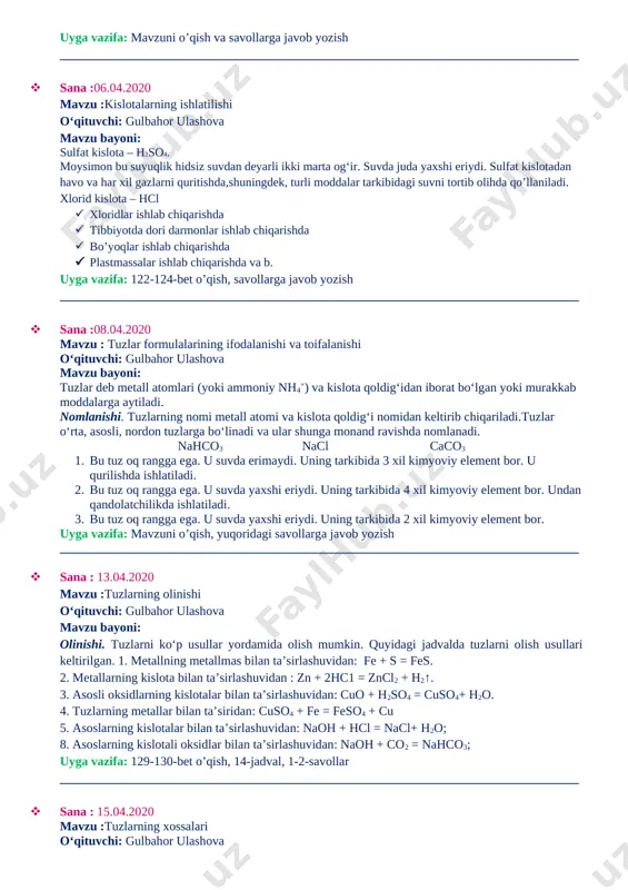quyidagicha ifodalash mumkin: hcl hno3 h2so4 h3po4 uyga vazifa: kislotalarning grafik formulalarini yozish __________________________________________________________________________________ · sana :01.04.2020 mavzu :kislotalarning olinishi va xossalari o‘qituvchi: gulbahor ulashova mavzu bayoni: olinishi.kislotalarni quyidagi usullar yordamida olinadi: 1. kislorodli kislotalarni kislotali oksidlar bilan suvning o‘zaro ta’siri natijasida olish mumkin: p2o5 + 3h2o = 2h3po4; so2 + h2o = h2so3. 2. kislorodsiz kislotalarni metallmaslarning vodorod bilan ta’sirlashuvi mahsulotlarini suvda eritib olish mumkin: h2 + cl2 = 2hc1 (suvdagi eritmasi xlorid kislota); h2 + s = h2s (suvdagi eritmasi sulfid kislota). 3. kislotalarni ularning tuzlariga boshqa kislotalarni ta’sir ettirib olish mumkin: 2ch3coona + h2so4 = 2ch3cooh + na2so4; fes + 2hc1 = fecl2 + h2s↑; nacl + h2so4(kons.) = nahso4 + hcl↑; na2sio3 + 2hc1 = h2sio3↓+ 2nacl. uyga vazifa: mavzuni o’qish va savollarga javob yozish __________________________________________________________________________________ · sana :06.04.2020 mavzu :kislotalarning ishlatilishi o‘qituvchi: gulbahor ulashova mavzu bayoni: sulfat kislota – h2so4. moysimon bu suyuqlik hidsiz suvdan …