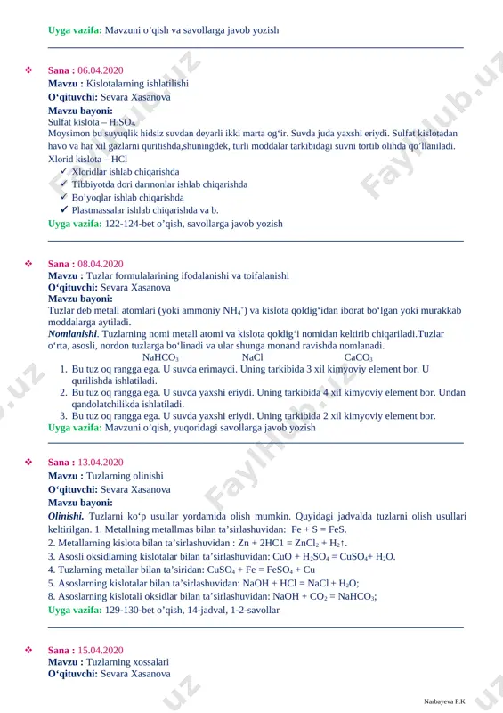 yidagicha ifodalash mumkin: hcl hno3 h2so4 h3po4 uyga vazifa: kislotalarning grafik formulalarini yozish __________________________________________________________________________________ · sana : 01.04.2020 mavzu : kislotalarning olinishi va xossalari o‘qituvchi: sevara xasanova mavzu bayoni: olinishi. kislotalarni quyidagi usullar yordamida olinadi: 1. kislorodli kislotalarni kislotali oksidlar bilan suvning o‘zaro ta’siri natijasida olish mumkin: p2o5 + 3h2o = 2h3po4; so2 + h2o = h2so3. 2. kislorodsiz kislotalarni metallmaslarning vodorod bilan ta’sirlashuvi mahsulotlarini suvda eritib olish mumkin: h2 + cl2 = 2hc1 (suvdagi eritmasi xlorid kislota); h2 + s = h2s (suvdagi eritmasi sulfid kislota). 3. kislotalarni ularning tuzlariga boshqa kislotalarni ta’sir ettirib olish mumkin: 2ch3coona + h2so4 = 2ch3cooh + na2so4; fes + 2hc1 = fecl2 + h2s↑; nacl + h2so4(kons.) = nahso4 + hcl↑; na2sio3 + 2hc1 = h2sio3↓+ 2nacl. uyga vazifa: mavzuni o’qish va savollarga javob yozish __________________________________________________________________________________ · sana : 06.04.2020 mavzu : kislotalarning ishlatilishi o‘qituvchi: sevara xasanova mavzu bayoni: sulfat kislota – h2so4. …