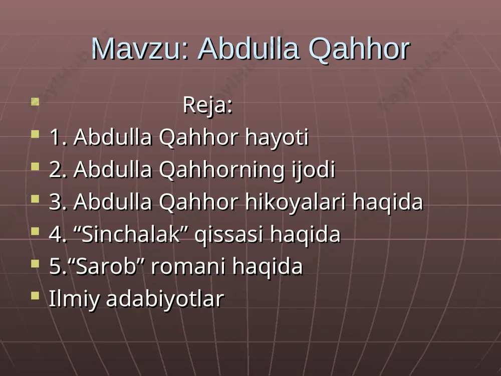 shlab «xalal berma, chetga chiq!» - deganman» - deb yozgan. asarlari; «qishloq hukm ostida» (1932, ilk kitobi), «sarob» romani, «hikoyalar» to‘plami, «kampirlar sim qoqdi», «xotinlar», «o’g‘ri», «bemor», «anor», «sinchalak», «qo‘shchinor chiroqlari» (1951, dastlab «qo‘shchinor» deb nomlangan. romanlari «qishloq hukm ostida» (1932, ilk kitobi), «sarob» romani bu asarda o’zbekistonda jamoa xo‘jaligini tashkil qilish (kollektivlashtirish) jarayoni, bu jarayondagi murakkabliklar, kurash va qiyinchiliklar aks etgan. asar haqida a. qahhor shunday yozadi: «men o‘z to‘pidan ayrilib, keyinda qolgan batrak-so‘nggi batrakning o‘sha yangi yo‘lga chiqib olguncha boshdan kechirganlarini tasvir qilmoqchi bo‘ldim. biroq o‘zimga bog‘liq bo‘lmagan sabablar bilan maqsadimga yetolmadim... romanni tanqid xush qabul qabul qilgan bo‘lsa ham, ta’bimdagi kitob emas»), «shohi so‘zana» (1950, qahramonlari: dehqonboy, hafiza, xolbuvi, saltanat va boshq. bu asarni yozishda adib dramaturgiya janrida o‘zini sinab ko‘rmoqchi bo‘lib, mirzacho‘ldagi bir jamoa xo‘jaligiga ko‘chib borgan), «og‘riq tishlar» (1954), «tobutdan tovush» (1962, keyingi nomi «so‘nggi nusxalar», poraxo‘rlik illati fosh qilingan), «ayajonlarim» (1966), «o’tmishdan ertaklar» (1964), …