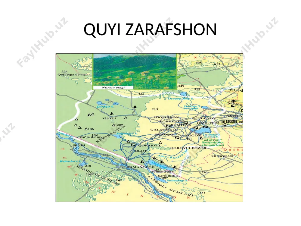 o‘tib, amudaryoga 20 km yetmasdan qumlarga shimilib ketar edi. quyi zarafshon okrugi hududiga kelguncha zarafshon daryosining suvi o‘rta zarafshon okrugida ishlatilishi tufayli buxoro va qorako‘l vohasiga suvi to‘la yetib kelmaydi. amu-buxoro kanalidan keladigan suvdan sug‘orishda foydalanishdan tashqari to‘dako‘l va quyimozor suv omborlari ham to‘ldirilib turibdi. buxoro va qorako‘l vohasida vujudga kelgan zovur suvlarini sug‘oriladigan hududdan chetga chiqarib tashlash oqibatida sho‘rko‘l, qorako‘l, parsanko‘l, moxonko‘l, qoraqir kabi ko‘llar vujudga keldi. quyi zarafshon okrugida yerosti suvlari relyefga bog‘liq holda hudud bo‘yicha bir xil joylashgan emas. okrug sharqidagi balandroq bo‘lgan yerlarning grunt suvlari nisbatan chuchuk va yaxshi siljiydi. quyi zarafshon okrugining chetlaridagi qumliklarga (qizilqum, sandiqli qumligi) tutashgan qismlarida qumoq va qumli tuproqlar tarqalgan. buxoro va qorako‘l vohasining chetlarida taqir tuproqlar joylashgan bo‘lsa, pastqam grunt suvi yuza bo‘lgan qismida sho‘rxok tuproqlar mavjud. quyi zarafshon okrugining ichki qismida sug‘oriladigan o‘tloq, o‘tloq-alluvial tuproqlari joylashib, ularga ishlov berish tufayli tabiiy xususiyatini o‘zgartirib, o‘tloq-voha tuprog‘ iga aylangan. o’simliklari o‘simliklari …