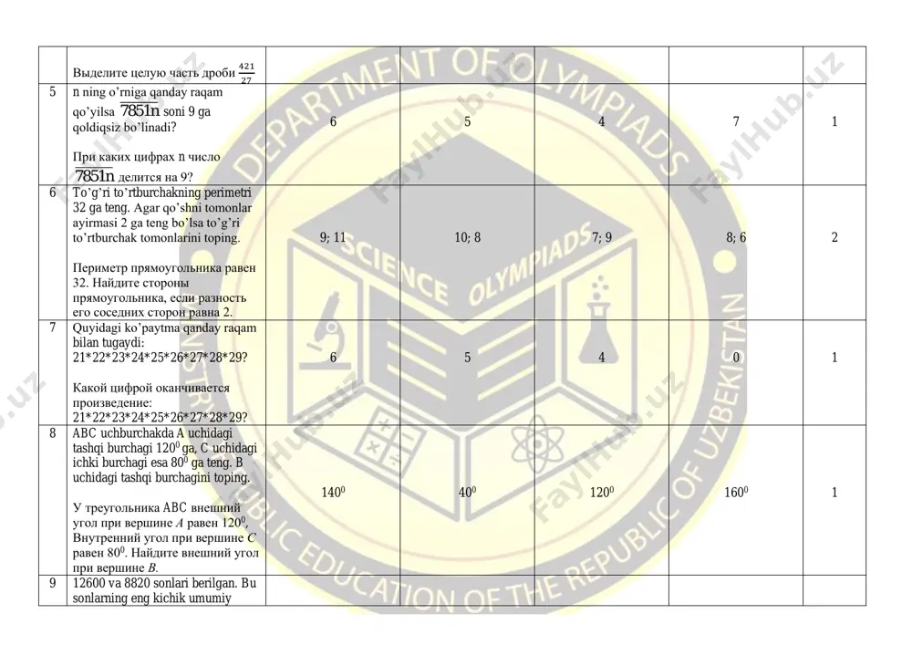 oe ot deleniya naimenshego obshego kratnogo chisel 12600 i 8820 na ix naibolshiy obshiy delitel. 105 21 35 70 2 10 hisoblang: (5 7 12 − 3 17 36 ) : 2 9 − 3 26 ∙ 4 1 3 vichislite: (5 7 12 − 3 17 36 ) : 2 9 − 3 26 ∙ 4 1 3 8 9 1 9 2 9 2 11 ishchi 3 kunda 45 ta detal tayyorladi. agar u 1-kuni umumiy detallarning 1 3 qismini, ikkinchi kuni qolgan detallarning 1 5 qismini tayyorlagan bo’lsa, uchinchi kuni nechta detal tayyorlagan? rabochiy izgotovil 45 detaley za 3 dnya. skolko detaley on izgotovil za tretiy den, esli za perviy den oni izgotovil 1 3 chast vsex detaley, a vo vtoroy den 1 5 chast ostavshixsya detaley. 24 30 20 16 2 12 1 dan 100 gacha natural sonlar ketma-ket yozib chiqildi. bu qatorda 5 raqami necha …