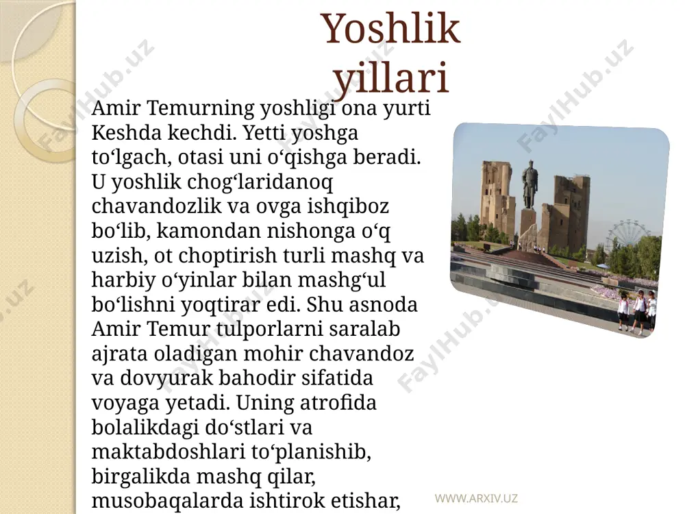 shu tufayli o‘spirinlik chog‘laridayoq tengqurlaridan sadoqatli do‘stlarni atrofga jalb qila olgan. o‘zining ilk harbiy faoliyatini amir temur qo‘l ostidagi navkarlari bilan ayrim viloyat amirlariga xizmat qilishdan boshlagan. ularning o‘zaro kurashlarida mahorat va oliyhimmatlik amir temurning shuhratini oshirib, uning dong‘i butun qashqadaryo vodiysi, xususan kesh viloyatiga yoyilgan. www.arxiv.uz amir temur aql-zakovati, shijoati va jasorati to‘g‘risidagi shuhrat uni movarounnahrning nufuzli amirlaridan avval joku barlos, so‘ngra amir qazog‘on (1346-1358) bilan yaqinlashtirgan. otasi amir temurni avval (1352) amir joku barlosning qizi turmish og‘oga uylantiradi. 1362-yilda amir temur qazog‘onning nabirasi, amir husaynning singlisi uljoy turkon og‘oni o‘z nikohiga oladi. keyingi nikoh tufayli balx amiri bilan bog‘langan qarindoshlik aloqalari shubhasiz amir temur bilan amir husayn o‘rtasidagi ittifoqni yuzaga keltirdi va mo‘g‘ullarga qarshi jiddiy kurash boshlandi. www.arxiv.uz biroq movarounnahr aholisi mog‘ullarga qarshi kurashga jur`at eta olmaydilar. kesh viloyatining hukmdori hoji barlos xurosonga qochadi. mana shunday og‘ir pallada amir temur maydonga kiradi. kuchlar teng emasligini hisobga olgan amir …
