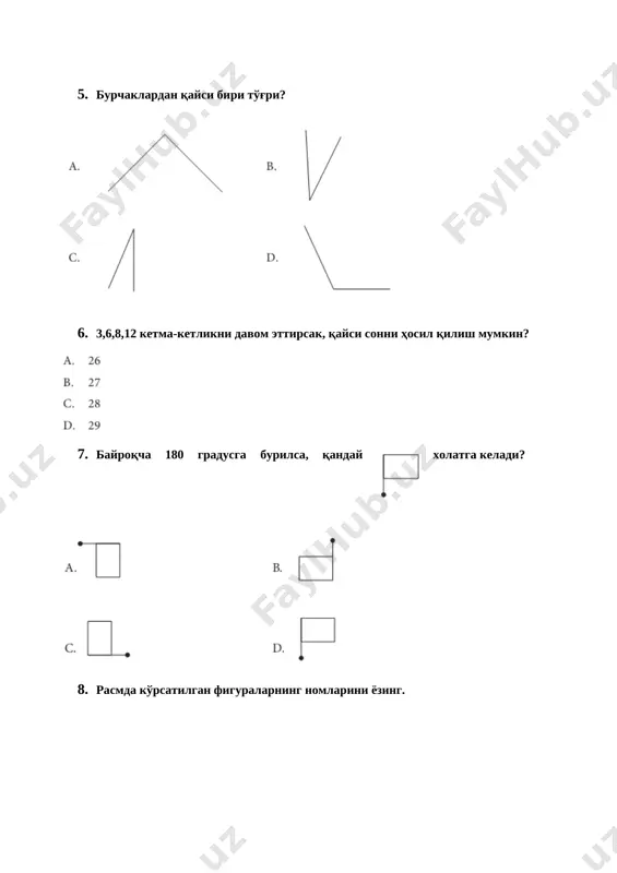 [image: ] c) [image: ] d) barchajavoblarto’g’ri. 21. chizmadao’tmasburchakni toping. [image: ]a) p b) q c) r d) s 22. berilganshakldanyassishaklni toping. a) b) c) a va d d) 23. tengyonliuchburchakning yon tomonuzunligi a gatengbo`lib, asosininguzunligi yon tomonidan 3gakam. shu uchburchakningperimetrinihisoblashuchunifodatuzing. [image: ] a) 3a + 3 b) 3a c) 3a +6 d) 3a -3 24. muntazamuchburchaknianiqlang. a)[image: ] b) [image: ] c) [image: ] d) barchajavoblarto’g’ri. 25. to’g’riburchakliuchburchaknianiqlang. a)[image: ] b) [image: ] c) [image: ] d) barchajavoblarto’g’ri. 26. agar qo`shni burchaklar gradus o`lchovlari nisbati 4:5 bo`lsa, ularni toping. a) 400; 1400 b) 600; 750 c) 800; 1000 d) 700; 1100 27. ikkito`g`richiziqningkesishishidanhosilbo`lganburchaklardanuchtasiningyig`indisi2500gateng. burchaklardankichigini toping. a) 400 b) 350 c) 700 d) 500 28. burchak bissektrisasi uning tomoni bilan 410 li burchak hosil qiladi. berilgan burchakni toping. a) 590 b) 1390 c) 490 d) 820 29. beshtaketma-kettoqsonningyig’indisi 375 gateng. shu sonlarningkattasini toping. a)77 b)73 c)71 d)79 30. sayyohmo’ljallanganyo’lning 36% …