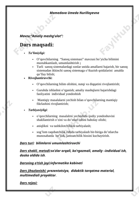 imlarni sistemalashtirish. dars mavzusi bo’ycha o’quvchilar berilgan topshiriqni bajarish uchun didaktik tarqatma materialdan foydalanadilar. bu topshiriqni o’quvchilar individual bajaradilar. 1-topshiriq. arifmetik amallar. tenglikka tog’ri keluvchi sonlarni yozing:: 0+__= 0 0+1= __ __+0= 1 1+1=__ 0-__= 0 0-1= __ 1-__= 1 1-__= 0 0*0= __ 0*1= __ 1*__= 0 1*__= 1 0+0= __ 0*1= __ 1-0= __ 1*1= __ 0+0= 0 0+1= 1 1+0= 1 1+1=10 0-0= 0 0-1= 11 1-0= 1 1-1= 0 0*0= 0 0*1= 0 1*0= 0 1*1= 1 0+0= 0 0*1= 0 1-0= 1 1*1= 1 2-topshiriq. jadvalni to’ldiring. sanoq sistema asos alfavit o’nli 10 0;1;2;3;4;5;6;7;8;9 sakkizlik 8 0; 1 16 (to’g’r i to’ldirlgan jadval) sanoq sistema asos alfavit o’nli 10 0;1;2;3;4;5;6;7;8;9 sakkizlik 8 0;1;2;3;4;5;6;7 ikkilik 2 0; 1 o’n oltilik 16 0;1;2;3;4;5;6;7;8;9;a;b;c;d;e;f 3- masalani yechish ( juftlikda ishlash) tenglikni isbotlang. 1. 225338 = 100101010110112 2. 10010101111002 = 12bc16 4-topshiriq. tengsizlikni yeching: so’roq o’rniga yoki = belgisini …