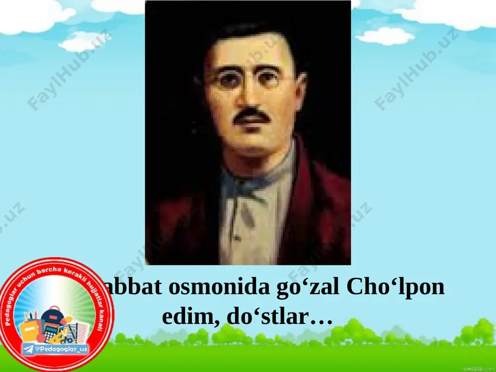 jurnallari hamda «teatru» gazetasida adabiy xodim (jamoatchilik asosida). asarlari she'riy to'plamlari: “uyg'onish” (1922); “buloqlar” (1923); “o'zbek yosh shoirlari” (1923); “go'zal yozg'ichlar” (1925); “adabiyot parchalari” (1926) ; “tong sirlari” (1926); “soz” (1935); “jo`r” - oxirgi to’plami, nashr etilmay qolgan. “yana oldim sozimni” (1991). diqqat, bilib oling! barmoq vazni cho`lpon va fitratning ijodiy izlanishlari bilan xx asrning 20-yillari boshlaridayoq yangi o‘zbek she’riyatining asosiy vazniga aylandi. pyesalari 1928-yil - “o’rtoq qarshiboyev”; 1921-yil - “yorqinoy”; 1921-yil – “o‘ldiruvchi”; 1922-yil - «sevgi va saltanat» ; 1922-yil – “cho‘pon sevgisi”; 1928-yil - “hujum” (rus yozuvchisi v.yan bilan); 1921-yil - “halil farang”; 1926-yil - “cho`rining isyoni”; “qorovul uyqusi”; “yana uylanaman“; “uzunquloq bobo" “mushtumzo'r“… ocherk va hikoyalari ocherklari: “yo‘l esdaligi”; “vayronalar orasidan” ocherklari… hikoyalar: “oydin kechalarda”; “qor qo'ynida lola“; “novvoy qiz”; “oq podshoning in’omi”; “gavharoy”… tarjimachilik k.gotssi, «malikai turondot»; n.v.gogol - «tergovchi»; bill belotserkovskiy «labbay», «po‘rtana»; moler - «xasis»; k.goldon - «ikki boyga bir qarol»; lope de vega …