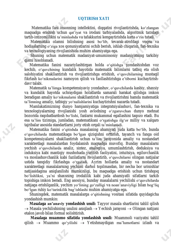 ‘quvchilarda analiz, sintez, analogiya, umumlashtirish, deduksiya va induksiya kabi mantiqiy mushohada yuritish faoliyatini, intuitsiya, egiluvchanlik va moslashuvchanlik kabi fazilatlarni rivojlantirib, o‘quvchilarni olingan natijalar ustida tanqidiy fikrlashga o‘rgatadi. ayrim hollarda amaliy va nostandart xarakterdagi masalalarning yechimi darhol topilmasdan, bir necha bor urinishlar natijasidagina aniqlanilishi mumkinligi, bu maqsadga erishish uchun tirishqoq bo‘lishlikni, ya’ni shaxsning irodalilik kabi juda ahamiyatli sifatlarni tarkib topishiga imkon beradi. eng asosiysi, bunday masalalarni yechilishi o‘quvchilarda natijaga erishilganlik, yechim yo‘lining go‘zalligi va noan’anaviyligi bilan bog‘liq bo‘lgan ruhiy ko‘tarinkilik bag‘ishlashi muhim ahamiyatga ega. shuningdek, matematik masalalarga o‘qitishning vositasi sifatida quyidagicha yondashish mumkin: masalaga an’anaviy yondashish usuli: tayyor masala shartlarini tahlil qilish  masala yechilishining usulini aniqlash  yechish jarayoni  olingan natijani etalon javob bilan formal solishtirish. masalaga muammo sifatida yondashish usuli: muammoli vaziyatni tahlil qilish  muammo qo‘yilishi  yetishmaydigan ma’lumotlarni izlash va gipotezalarni (ilmiy taxminlarni) shakllantirish  gipotezalarni tekshirish va muammoli vaziyatga oid yangi bilimlarga ega bo‘lish  …