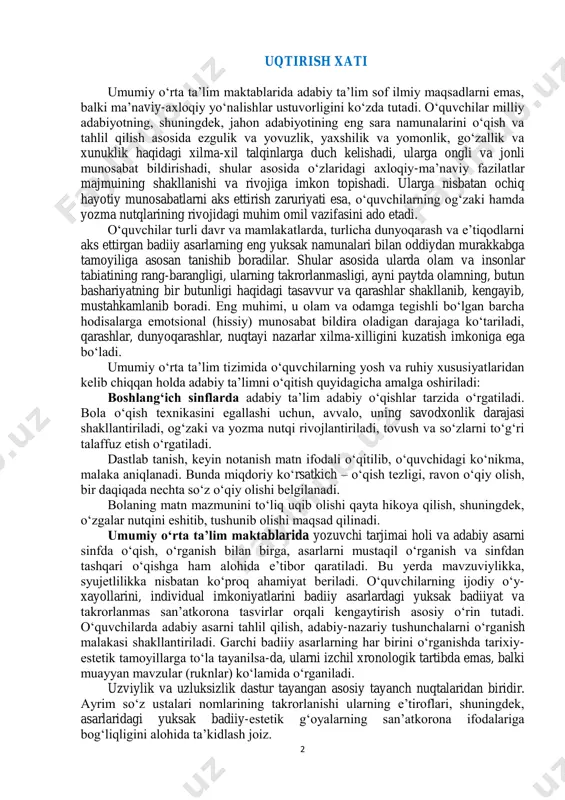 doriy ko‘rsatkich – o‘qish tezligi, ravon o‘qiy olish, bir daqiqada nechta so‘z o‘qiy olishi belgilanadi. bolaning matn mazmunini to‘liq uqib olishi qayta hikoya qilish, shuningdek, o‘zgalar nutqini eshitib, tushunib olishi maqsad qilinadi. umumiy o‘rta ta’lim maktablarida yozuvchi tarjimai holi va adabiy asarni sinfda o‘qish, o‘rganish bilan birga, asarlarni mustaqil o‘rganish va sinfdan tashqari o‘qishga ham alohida e’tibor qaratiladi. bu yerda mavzuviylikka, syujetlilikka nisbatan ko‘proq ahamiyat beriladi. o‘quvchilarning ijodiy o‘y- xayollarini, individual imkoniyatlarini badiiy asarlardagi yuksak badiiyat va takrorlanmas san’atkorona tasvirlar orqali kengaytirish asosiy o‘rin tutadi. o‘quvchilarda adabiy asarni tahlil qilish, adabiy-nazariy tushunchalarni o‘rganish malakasi shakllantiriladi. garchi badiiy asarlarning har birini o‘rganishda tarixiy- estetik tamoyillarga to‘la tayanilsa-da, ularni izchil xronologik tartibda emas, balki muayyan mavzular (ruknlar) ko‘lamida o‘rganiladi. uzviylik va uzluksizlik dastur tayangan asosiy tayanch nuqtalaridan biridir. ayrim so‘z ustalari nomlarining takrorlanishi ularning e’tiroflari, shuningdek, asarlaridagi yuksak badiiy-estetik g‘oyalarning san’atkorona ifodalariga bog‘liqligini alohida ta’kidlash joiz. 3 albatta, buncha katta davrdagi adabiy …