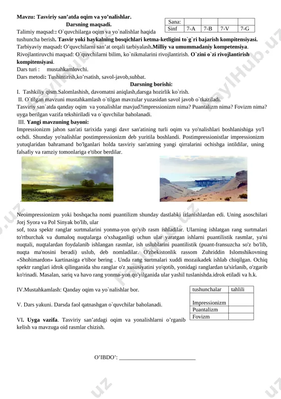 sviriy san'atning yangi qirralarini ochishga intildilar, uning falsafiy va ramziy tomonlariga e'tibor berdilar. ular impressionizm yutuqlari va realistik san'at an'analari uyg'unligida asarlar yaratish ustida ish olib bordilar va shu izlanishlari bilan jahon san'atini boyitdilar. neoimpressionizm yoki boshqacha nomi puantilizm shunday dastlabki izlanishlardan edi. uning asoschilari jorj syora va pol sinyak bo'lib, ular sof, toza spektr ranglar surtmalarini yonma-yon qo'yib rasm ishladilar. ularning ishlatgan rang surtmalari to'rtburchak va dumaloq nuqtalarga o'xshaganligi uchun ular yaratgan ishlarni puantilistik rasmlar, ya'ni nuqtali, nuqtalardan foydalanib ishlangan rasmlar, ish uslublarini puantilistik (puant-fransuzcha so'z bo'lib, nuqta ma'nosini beradi) uslub, deb nomladilar. o'zbekistonlik rassom zuhriddin islomshikovning «shohimardon» kartinasiga e'tibor bering . unda rang surtmalari xuddi mozaikadek ishlab chiqilgan. ochiq spektr ranglari idrok qilinganida shu ranglar o'z xususiyatini yo'qotib, yonidagi ranglardan ta'sirlanib, o'zgarib ko'rinadi. masalan, sariq va havo rang yonma-yon qo'yilganida ular yashil tuslanishda.idrok etiladi va h.k. fovizm. 1905-yiliparijdatashkiletilgan «bo'ysunmaslarsaloni» ko'rgazmasidaishtiroketgananrimarke, , mustahkamlash: savol-javob. qanday oqim va yo`nalishlar bor …