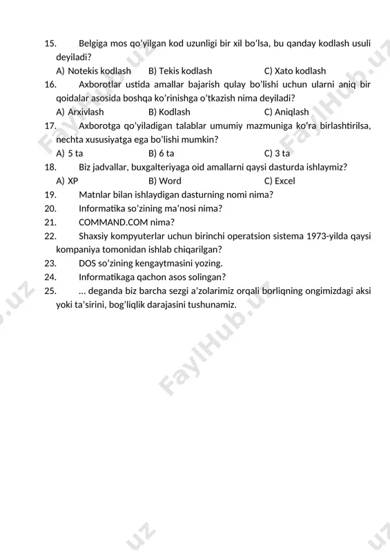 ining ma’nosi nima? 21. command.com nima? 22. shaxsiy kompyuterlar uchun birinchi operatsion sistema 1973-yilda qaysi kompaniya tomonidan ishlab chiqarilgan? 23. dos so’zining kengaytmasini yozing. 24. informatikaga qachon asos solingan? 25. … deganda biz barcha sezgi a’zolarimiz orqali borliqning ongimizdagi aksi yoki ta’sirini, bog’liqlik darajasini tushunamiz. 7-sinf informatika fanidan test banki 2-chorak javoblari savol 1 2 3 4 5 6 7 8 9 10 javob a a b b c c a a b b savol 11 12 13 14 15 16 17 18 javob c c a a b b c c 19. ms word 20. ichki buyruqlar 21. buyruq protsessori 22. digital research kompaniyasi 23. disk operatsion sistema 24. xx asrning 50 yillarida 25. axborot fan o’qituvchisi: j.oralov