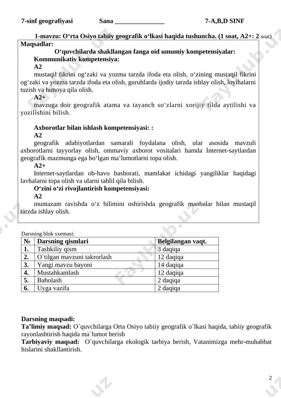 biiy hodisalarni (harorat, yog‘inlar) aks ettiradigan jadval, diagramma va grafiklarni tuzish. a2+ mavzuga doir tabiiy hodisalarni (harorat, yog‘inlar) aks ettiradigan jadval, diagramma va grafiklarni tuzish va ularning mazmunini tahlil qila olish. 7-sinf geografiyasi sana _______________ 7-a,b,d sinf 1-mavzu: o‘rta osiyo tabiiy geografik o‘lkasi haqida tushuncha. (1 soat, a2+: 2 soat) maqsadlar: o‘quvchilarda shakllangan fanga oid umumiy kompetensiyalar: kommunikativ kompetensiya: a2 mustaqil fikrini og‘zaki va yozma tarzda ifoda eta olish, o‘zining mustaqil fikrini og‘zaki va yozma tarzda ifoda eta olish, guruhlarda ijodiy tarzda ishlay olish, loyihalarni tuzish va himoya qila olish. a2+ mavzuga doir geografik atama va tayanch so‘zlarni xorijiy tilda aytilishi va yozilishini bilish. axborotlar bilan ishlash kompetensiyasi: : a2 geografik adabiyotlardan samarali foydalana olish, ular asosida mavzuli axborotlarni tayyorlay olish, ommaviy axborot vositalari hamda internet-saytlardan geografik mazmunga ega bo‘lgan ma’lumotlarni topa olish. a2+ internet-saytlardan ob-havo bashorati, mamlakat ichidagi yangiliklar haqidagi lavhalarni topa olish va ularni tahlil qila bilish. o‘zini …