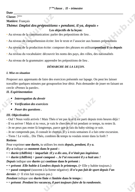 s pas.) pendant indique une durée finie et limitée dans le temps : • + présent :pendant les vacances, il part toujours faire de la randonnée. • + passé composé :elle a appris le chinois pendant son séjour à pékin. pour poser des questions sur la durée, tu peux employer les questions suivantes : il y a combien de temps qu’ils se connaissent ?-» ils se connaissent depuis dix mois. depuis quand/depuis combien de temps joues-tu dans ce club ?-» j’y joue depuis trois ans. pendant combien de temps as-tu pris des cou rs de peinture ?->j’en ai pris pendant un an. pendant combien de temps t'entraînes-tu le week-end ?-» je m’entraîne pendant six heures. iv.réinvestissement [image: ] complétez les phrases avec «depuis» ou «pendant». 1. la semaine passée, il a plu ... trois jours. 2. il pleut à verse... trois jours. 3. ... notre promenade nous avons beaucoup parlé. …